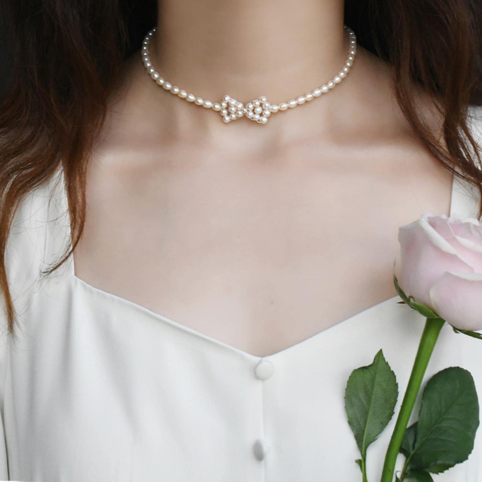 LOKILOKI Collar De Gargantilla con Lazo De Perlas De Agua Dulce Natural, Joyería De Plata Esterlina 925 para Regalo De Mujer