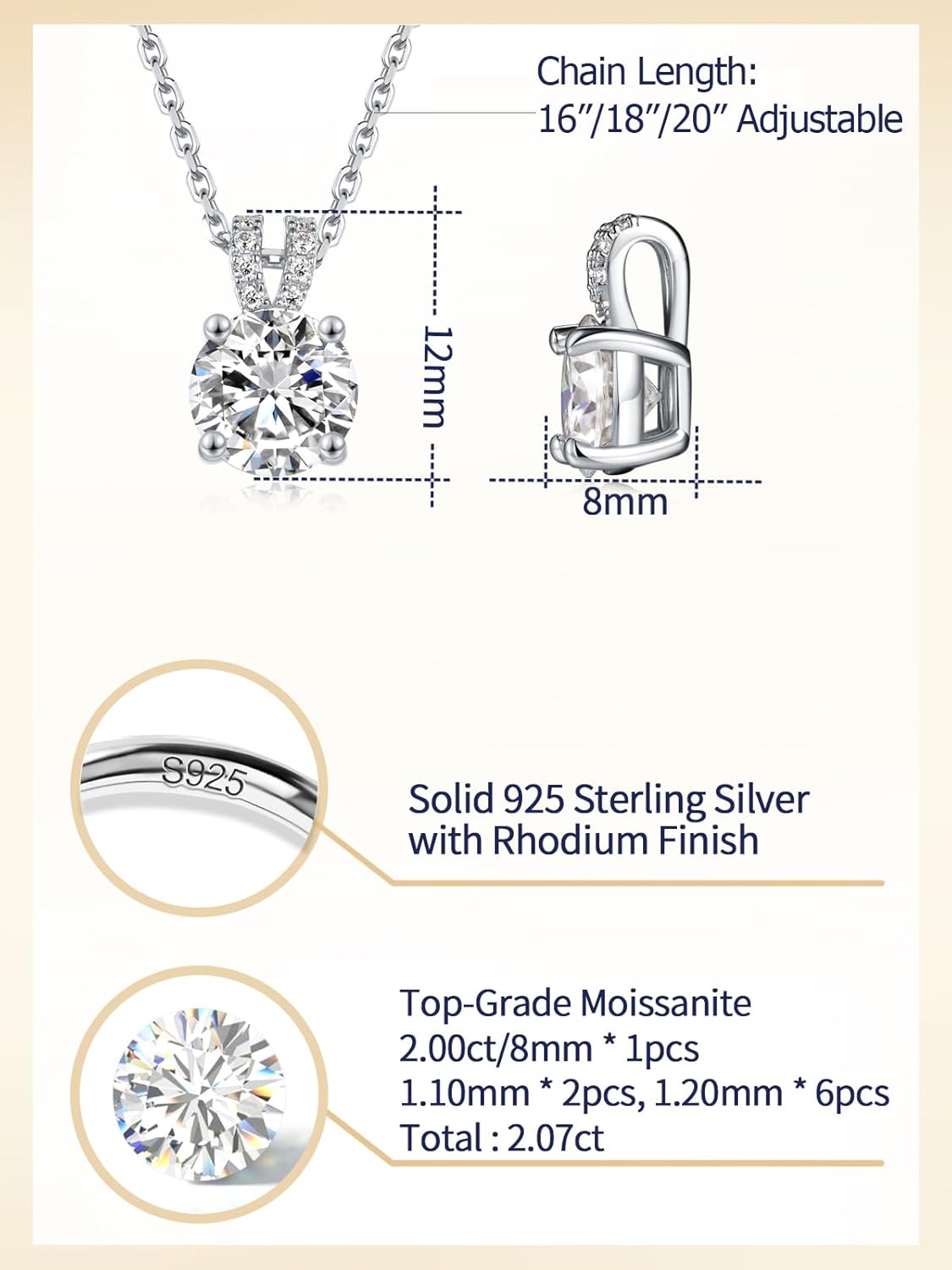 1-2 Carat Moissanite Round/Heart Necklace for Women, Solid 925 Sterling Silver, 16"/18"/20" Adjustable Chain, Anniversary Mother's Day Valentines Gift - Image 5