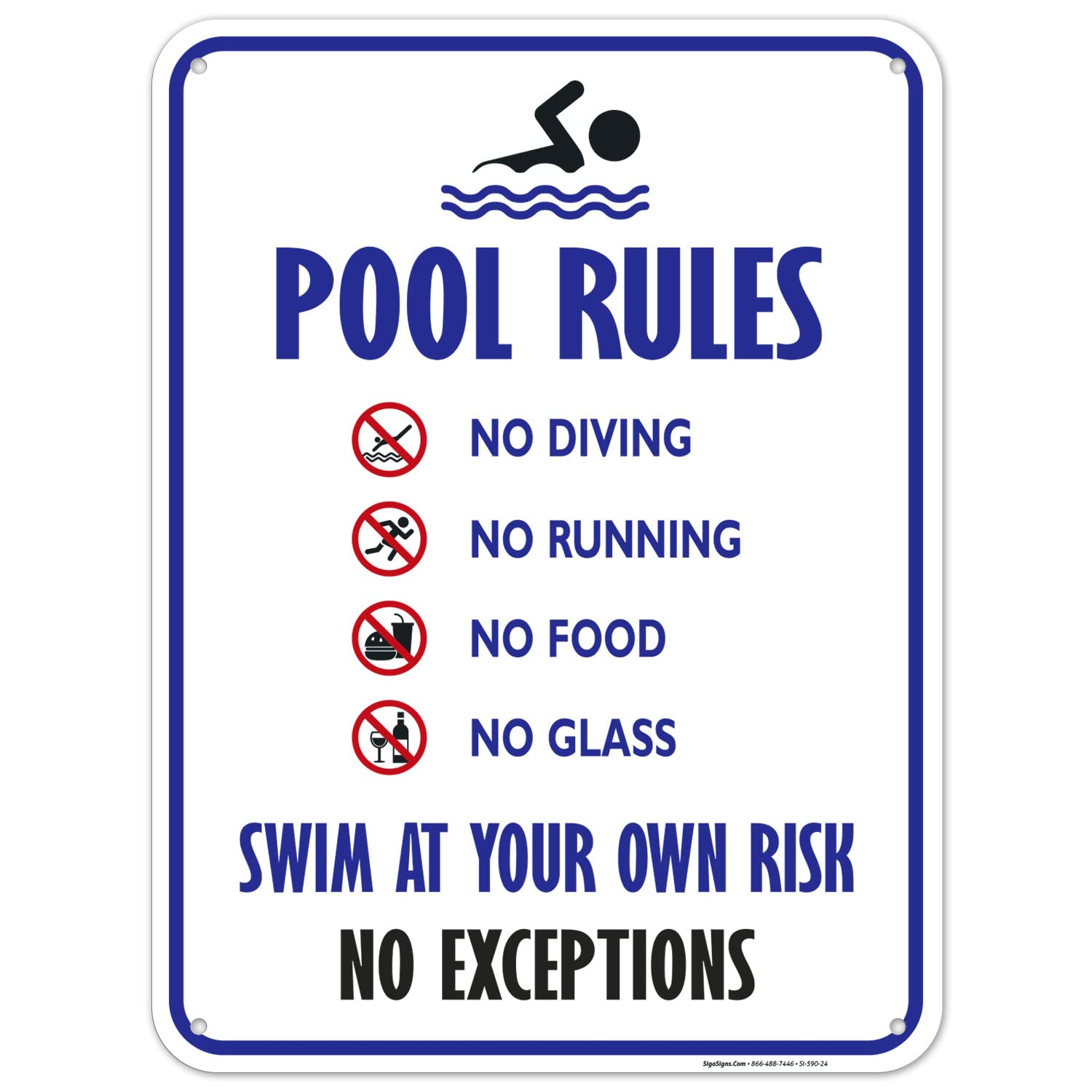 Pool Rules Sign, No Diving No Running No Food No Glass, 18x24 Inches, 55 mil Thick HDPS (high Density polystyrene), Made in USA