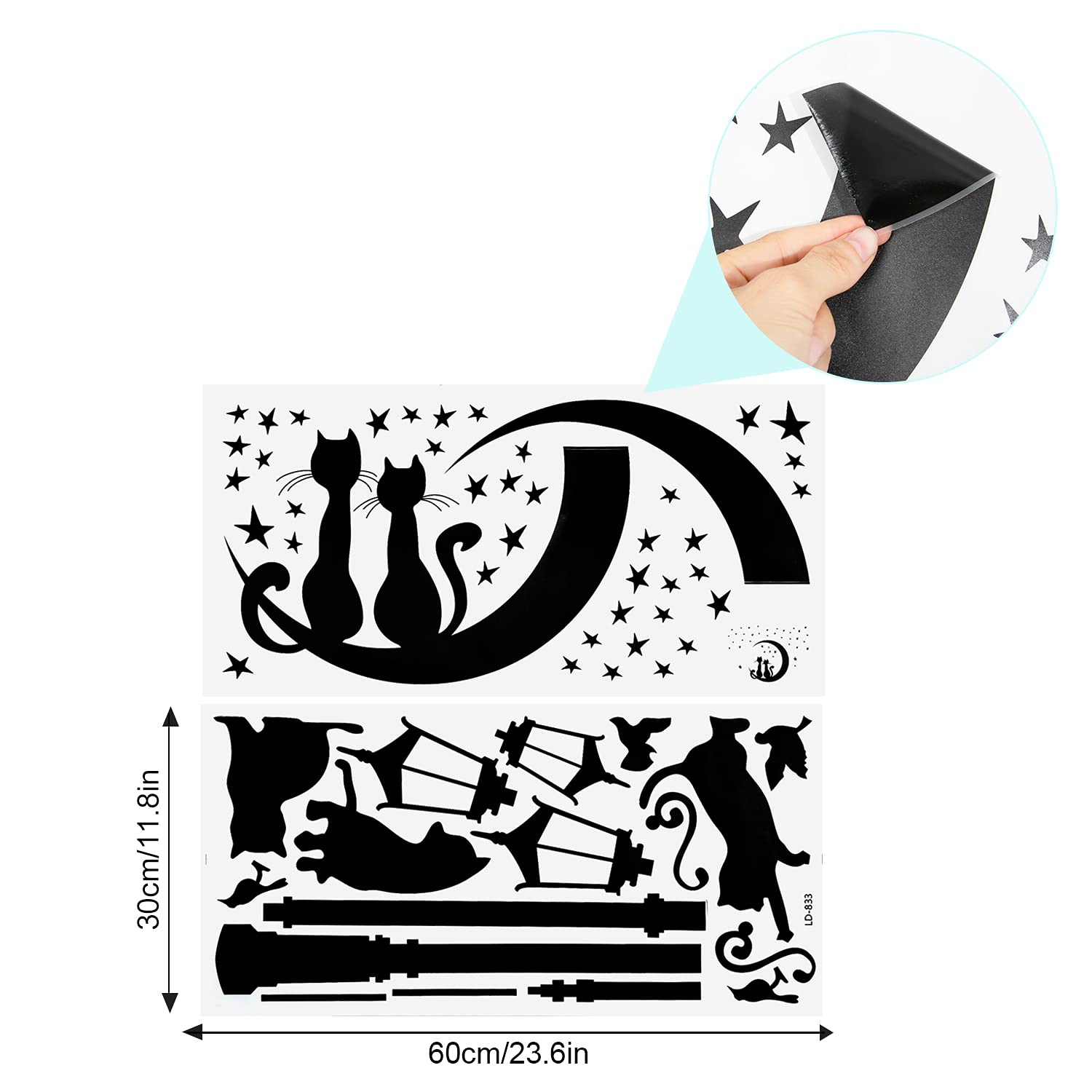 2 piezas calcomanías de pared negras con gatos, autoadhesivo para decoración de paredes farola estrella gato pegatinas adhesivas murales para sala estar dormitorio habitación de niños pasillo ventana