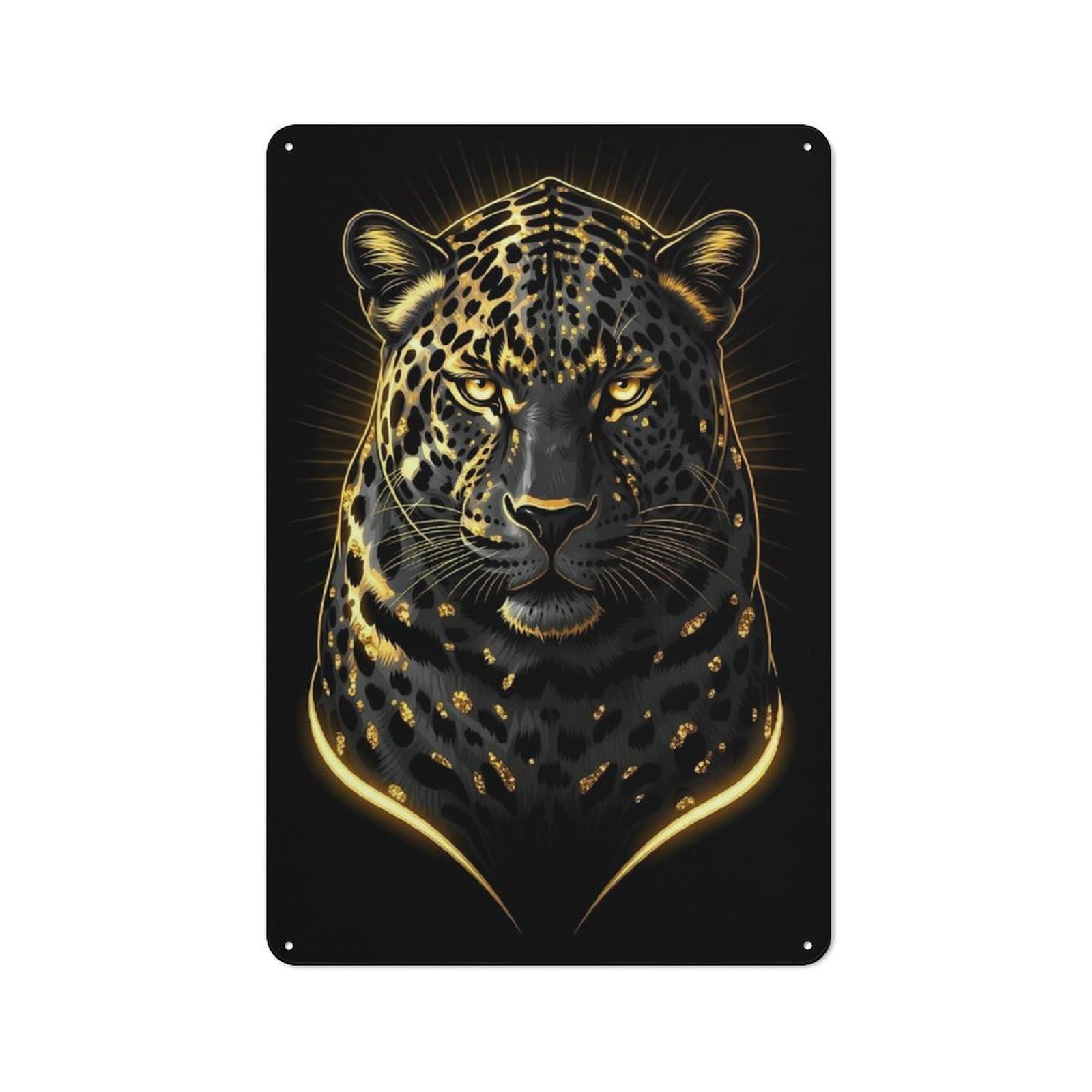 Junmoney Style-6 Golden Leopard Portrait On Black Background Tin Wall Plaque 30X20cm, Barn Style Rustic Kitchen Decor For Farmhouse Kitchen, Pantry Or Dining Area