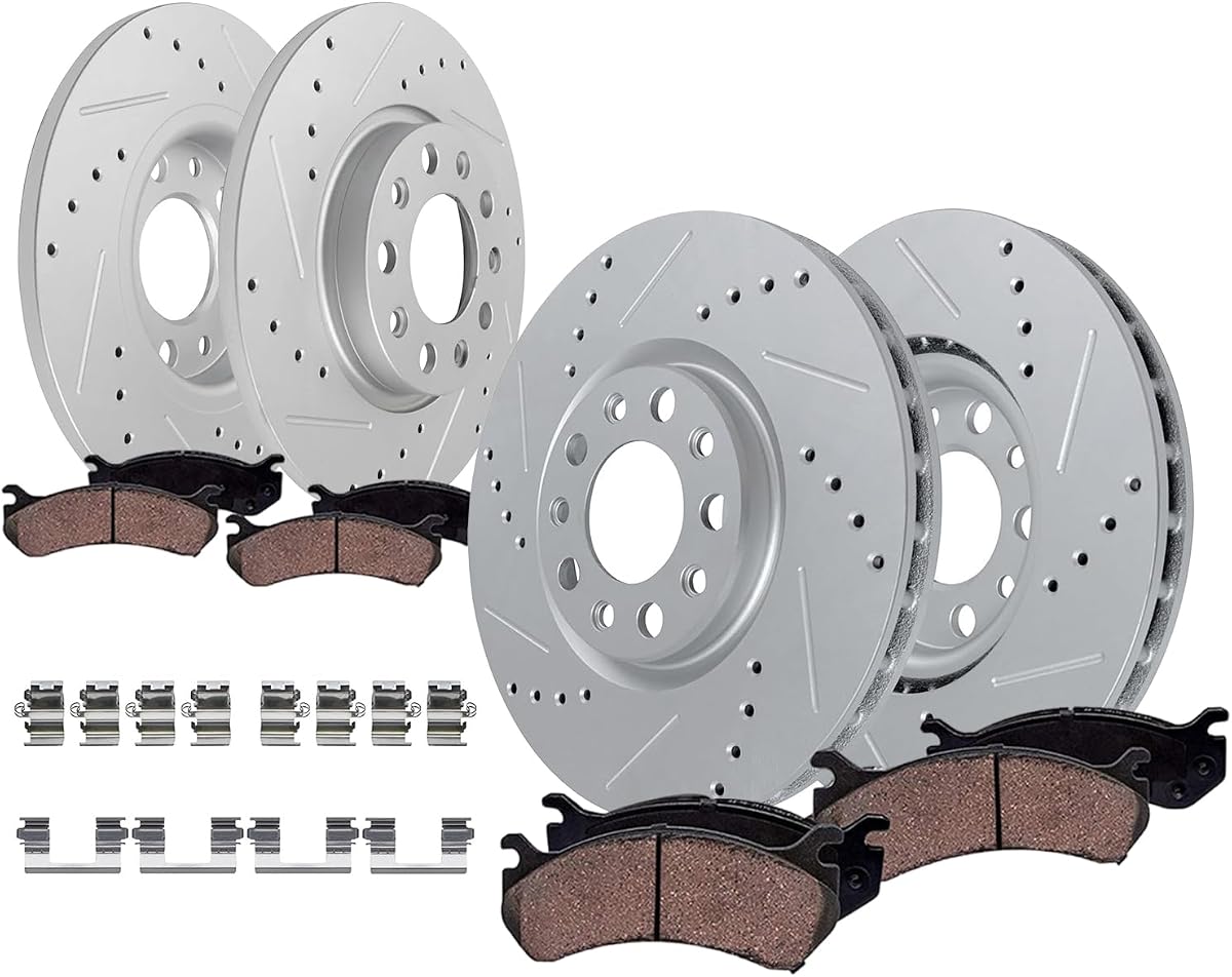 Detroit Axle - 8pc Front Rear Brake Rotors Pads for 2014-2022 Jeep Cherokee | [Single Piston Caliper] Drilled and Slotted Disc Brakes Rotors Ceramic Brake Pads 12.99 Front and 10.95 Rear Rotors