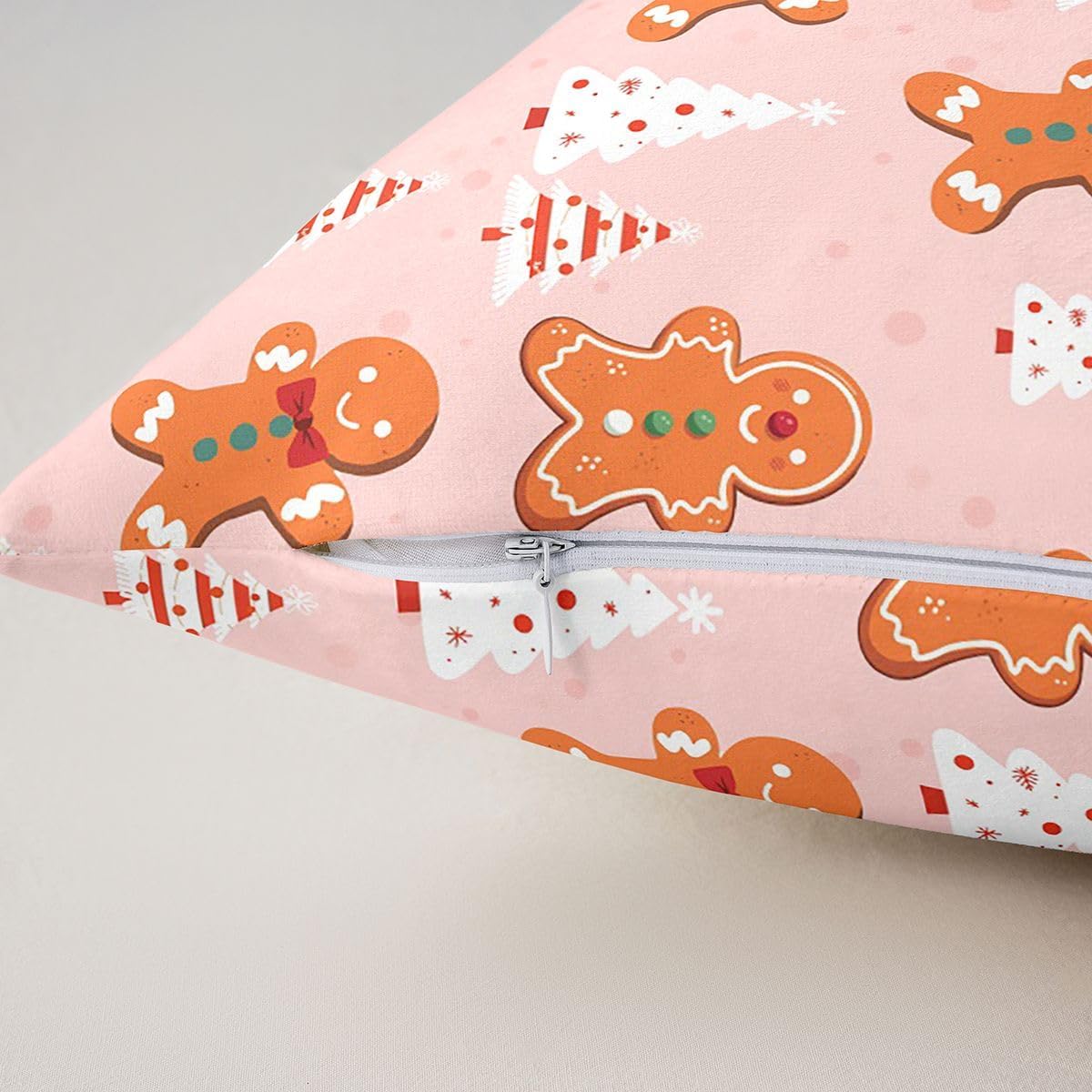 Feelyou Merry Christmas Reversible Throw Pillow Covers 22 x 22-Inch Gingerbread Man Snowman Square Cushion Covers Set of 2 for Decor Pink Xmas Tree Pillow Covers Home Decor Christmas