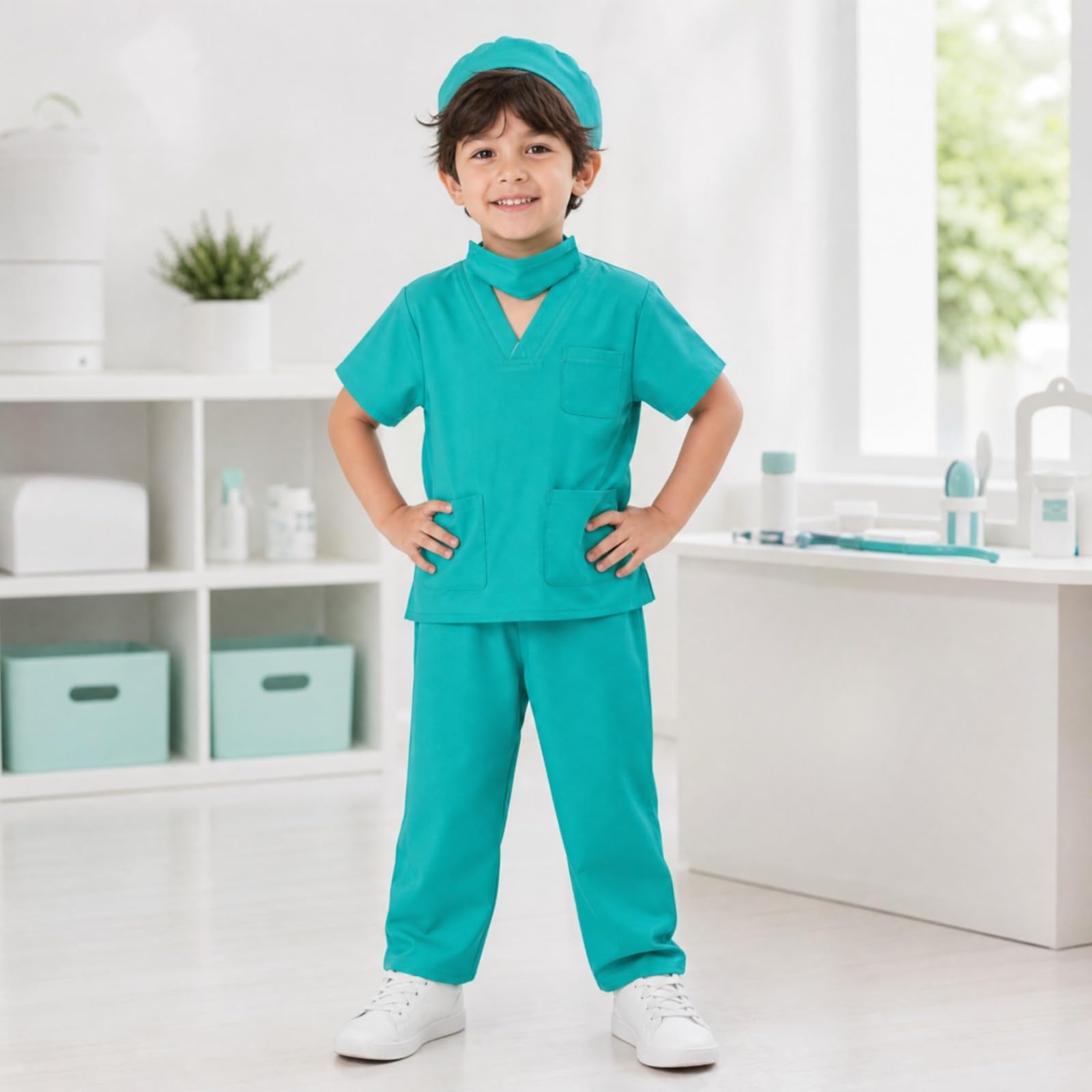 Kinder-Arztkostüm aus Polyester weich verarbeitet OP-Kostüm mit Hose und Kappe bequem Kinderarzt-Outfit-Set für Rollenspiel, Schultheater, Fasching, Rosa, 110CM