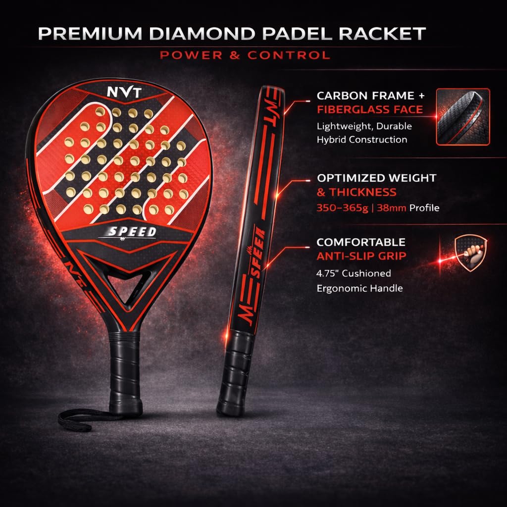Padelschläger aus Vollcarbonfaser, leichtes Design mit komfortablem Griff, wetterbeständig, Hybrid-Glasfaser und Carbon-Padelschlägerkopf