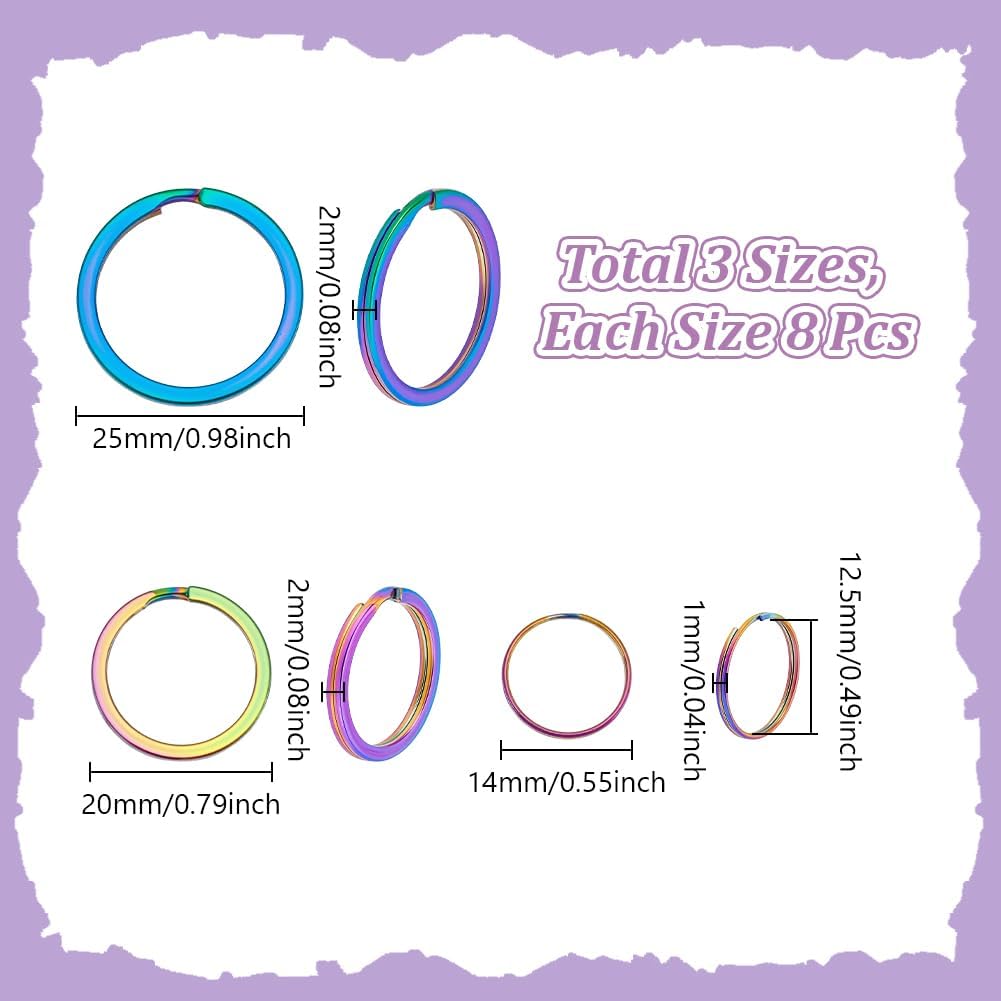 UNICRAFTALE 24Pcs 3 Sizes 304 Stainless Steel Split Key Rings Round Keychain Clasp Findings Rainbow Color Keychain Rings DIY Accessories for keyrings Buckle, Bags, Purses