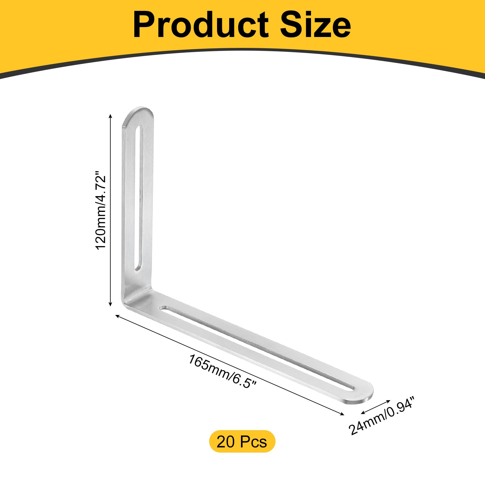 uxcell 20 soportes en forma de L, soportes de esquina de 6.5 x 4.72 x 0.95 pulgadas, soportes de ángulo recto para estantes de madera y muebles (165 x 120 x 24 mm, plateado)