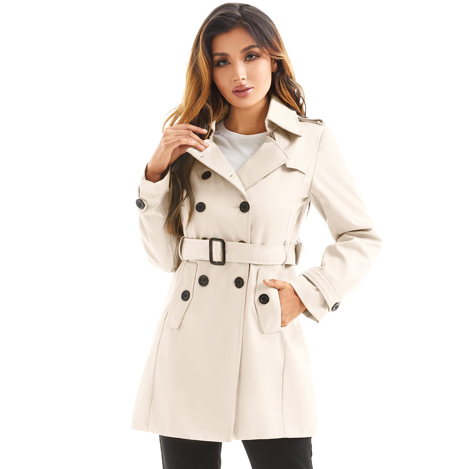 Gabardina impermeable para mujer, con doble botonadura, solapa clásica, abrigo pequeño con cinturón, abrigo delgado