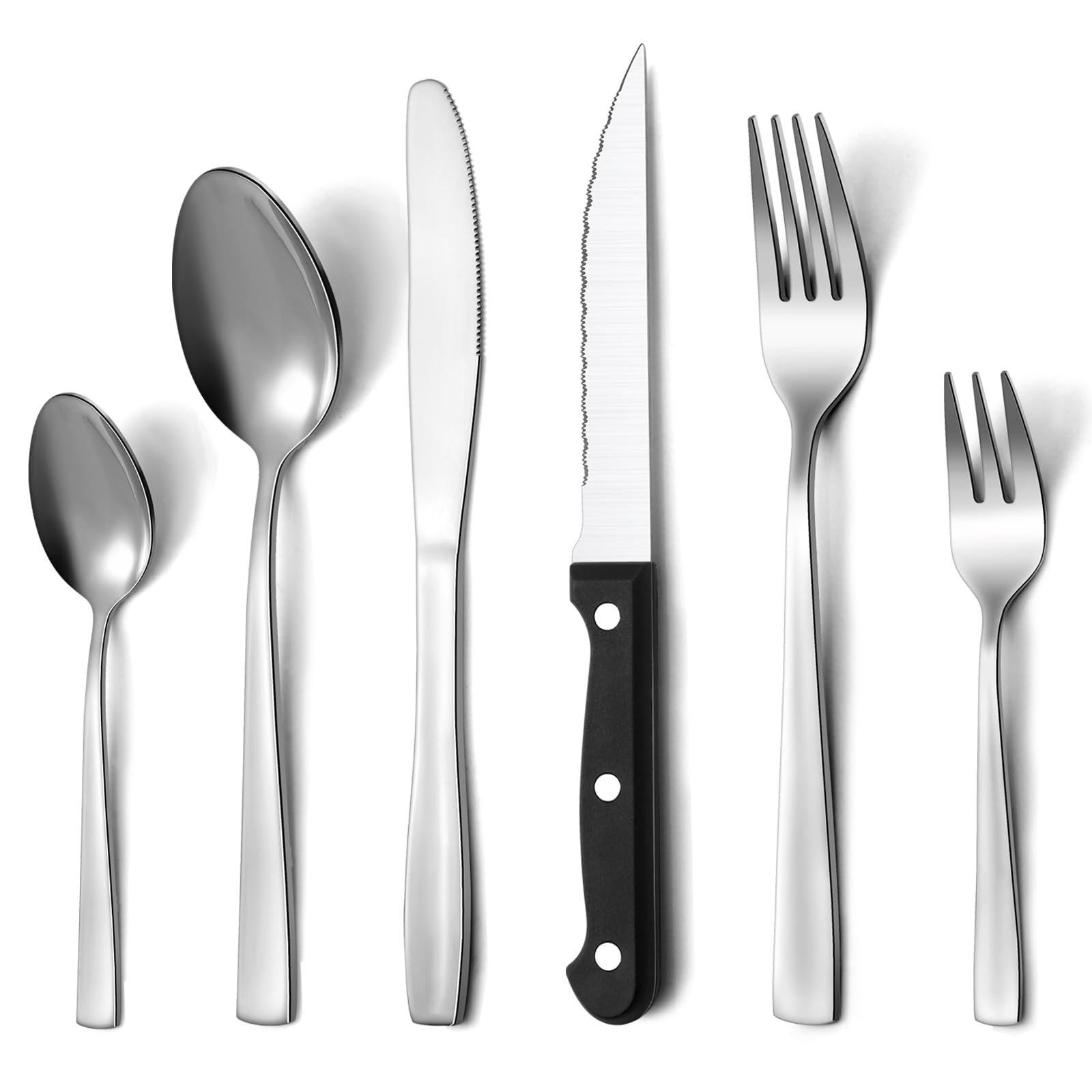 Besteckset, Besteck Set mit Steakmesser, Besteckset aus Edelstahl in Lebensmittelqualität, Silberbesteck inklusive Löffel, Messer, Gabel, Steakmesser