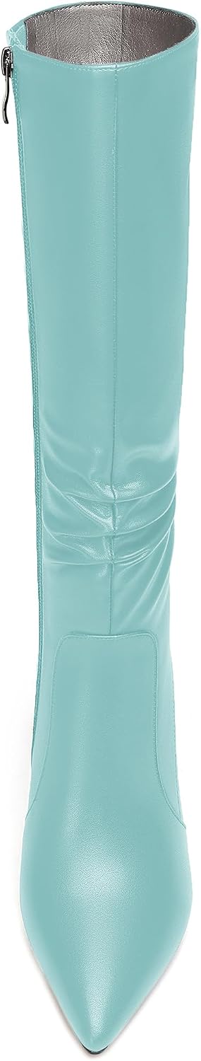 AMBELIGHT Womens Solid Party Matte Zip Pointed Toe Sexy Spool High Heel Mid Calf Boots 3.3 Inch
