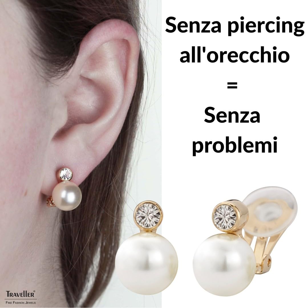 Traveller Orecchini a clip - Senza piercing all'orecchio - Perla 10 mm - Bianco - Cristallo - 15x10 mm
