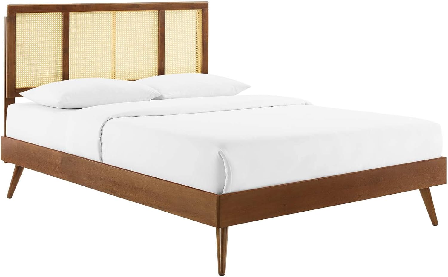 Modway Kelsea Cane and Wood Full Platform Bed with Splayed Legs in Walnut