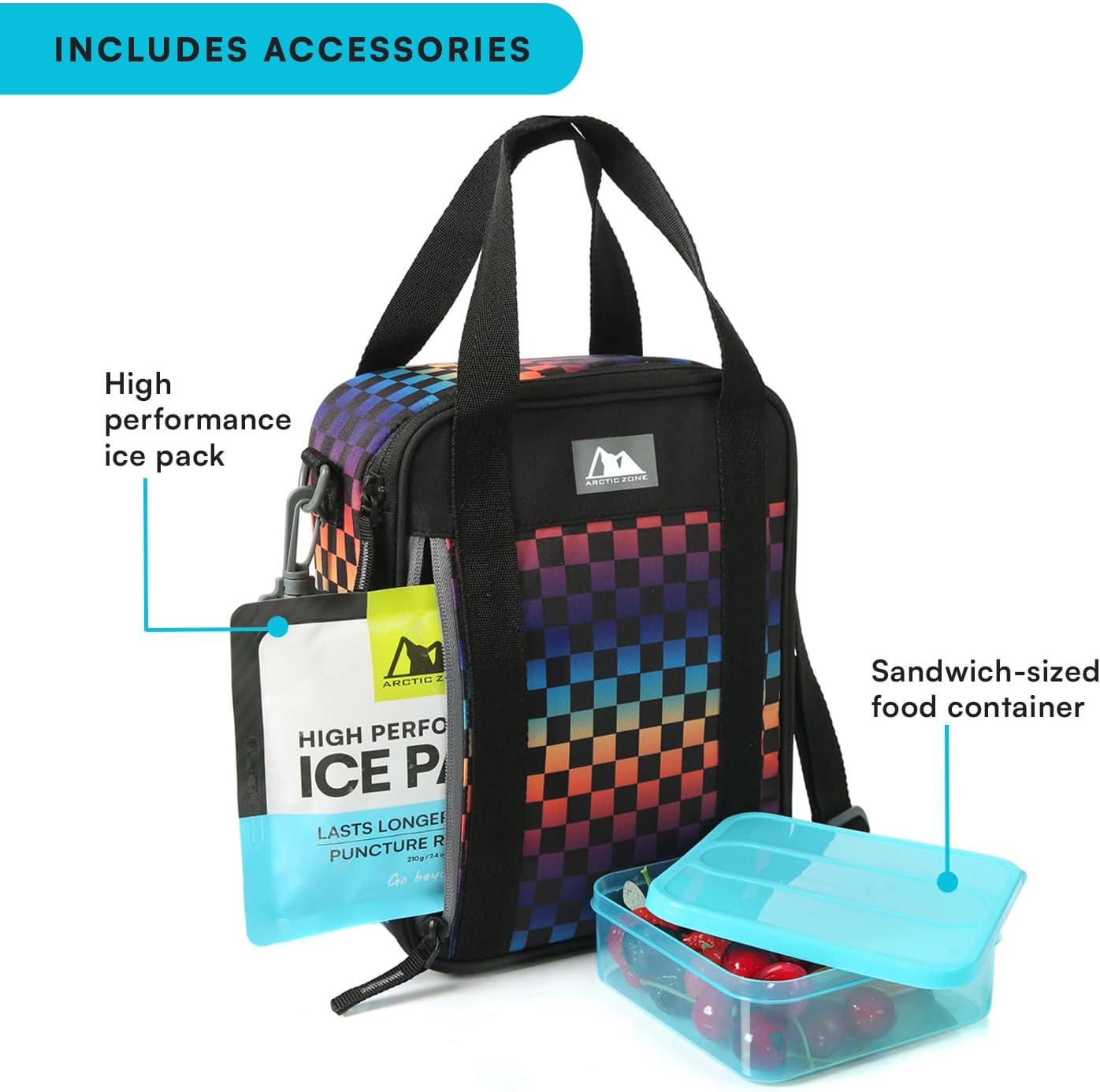 Arctic Zone Kids Lunch Box with Ice Pack and Food Container, Checkered image 3