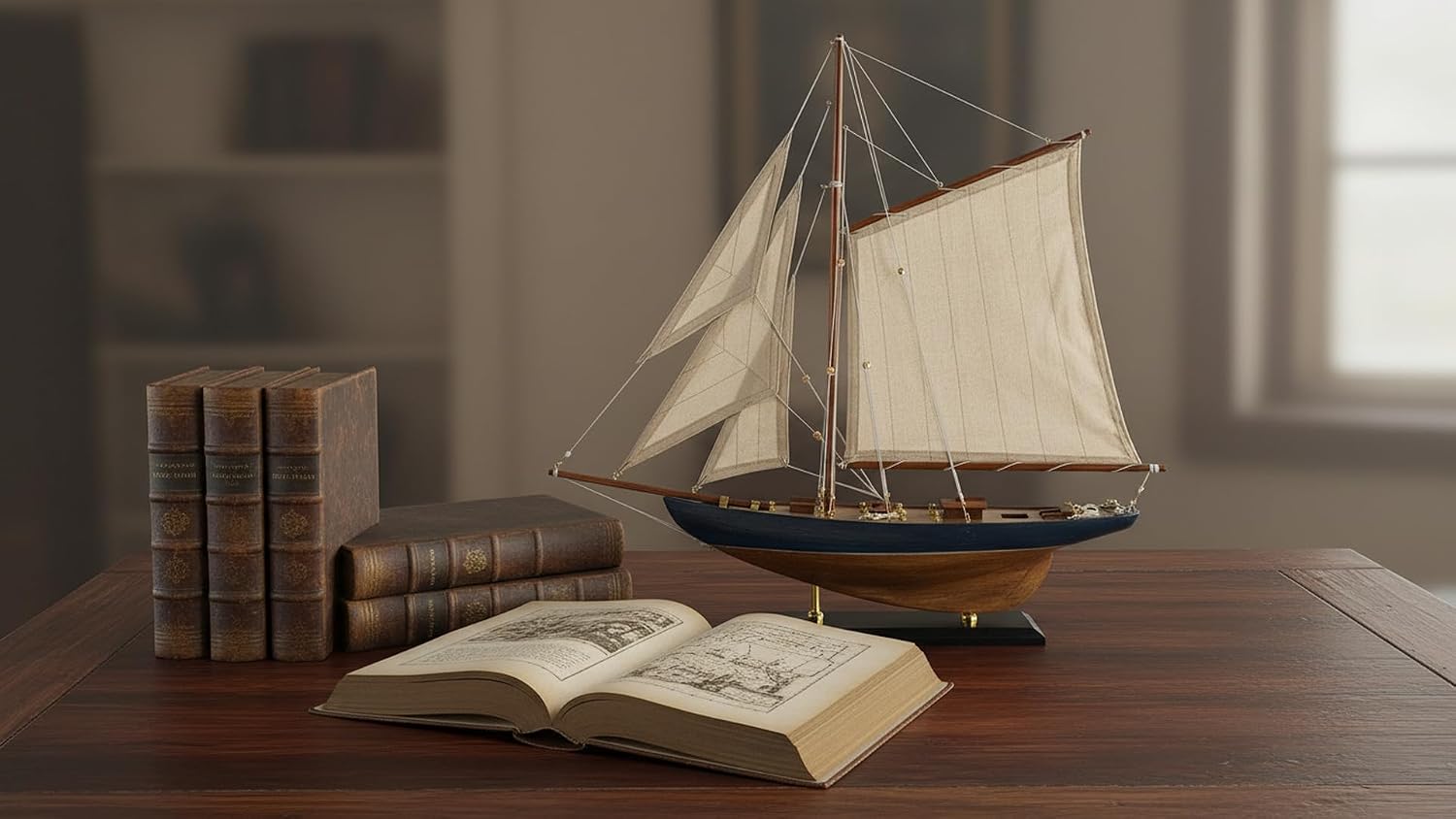 SAILINGSTORY Wooden Sailboat Decor Ship Model Antique Finish Navy