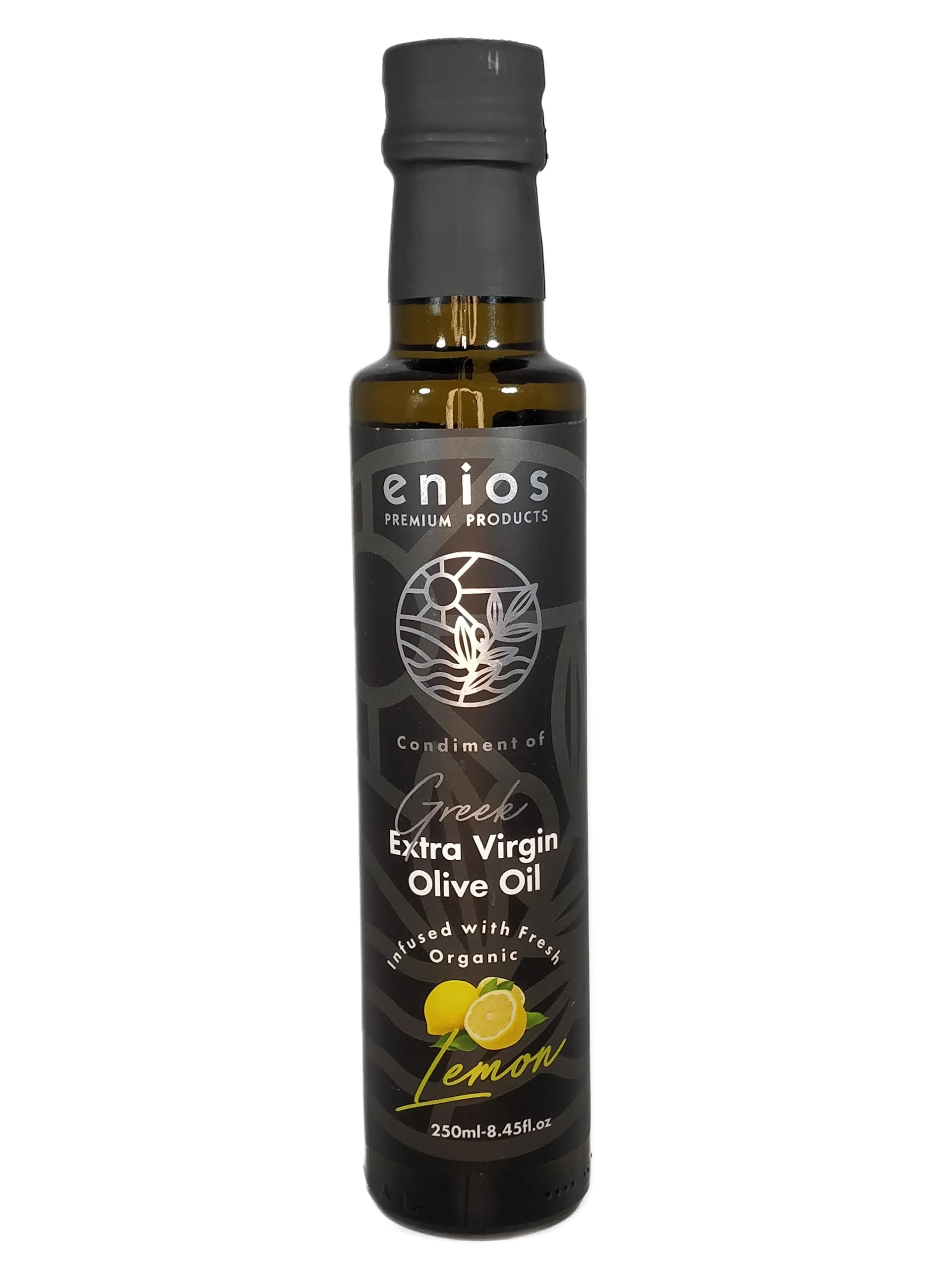 Enios Lemon Infused Greek Extra Virgin Olive Oil 250ml. 100% Natural. No flavourings. No preservatives. No essential oils. No chemicals. No floating 'bits'. Absolutely nothing artificial!