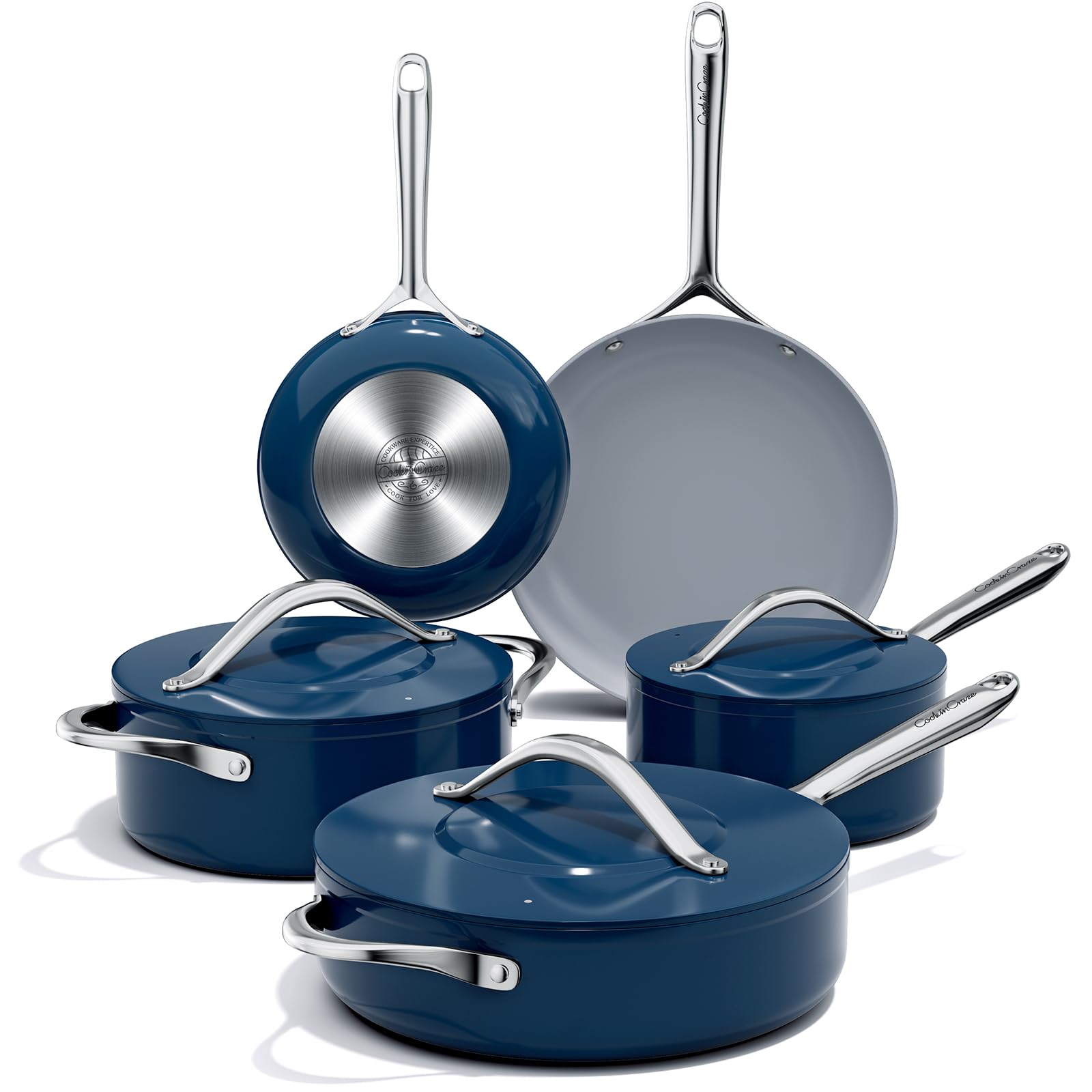 Ceramic Cookware Set Nonstick Pots and Pans Set with Lid PFAS-Free Non Toxic Cookware Set with Advanced G7 Ceramic Coating, Oven Safe Up To 500°F, Quick & Even Heat Distribution, Navy Blue