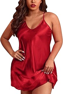 Nuisette Femme Sexy Satin Sensuelle Chemise De Nuit Col en V Grande Taille Légère Robe De Chambre Bretelles Reglables Babydoll Lingerie Vêtements D'intérieur D'été Couleur Unie Sleepwear