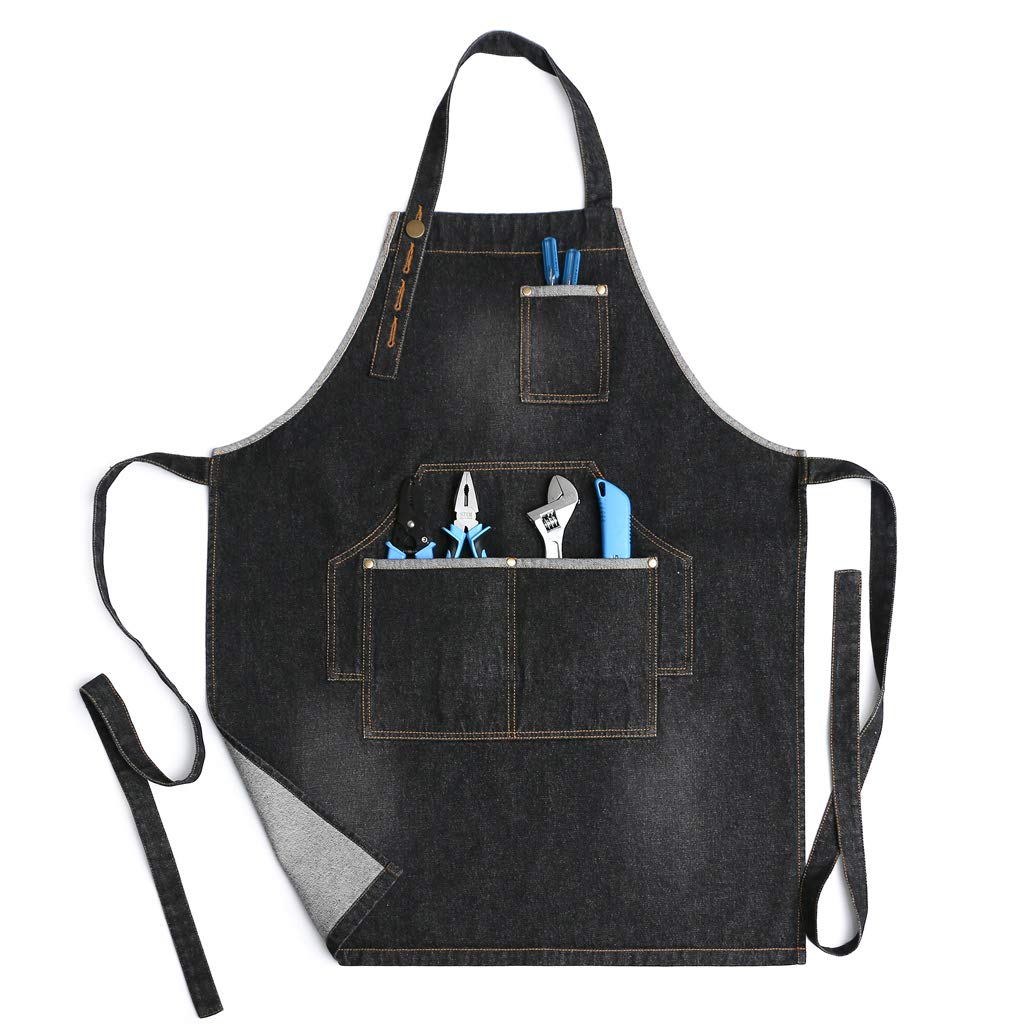 Jeanerlor Heavy Duty Work Aprons for Men and Women Denim Apron with 3 Tool Pockets, Size M to XXL & 100% Cotton (Black) Jean Aprons for Hairdresser Plus Size