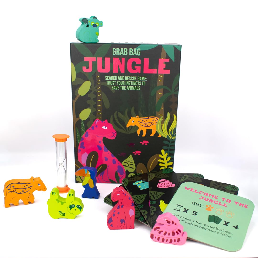 Gibsons Grab Bag Jungle Family Game – Wooden Animal Rescue Challenge for Ages 6+, 1+ Players – 8 Fun Game Modes, 10-Minute Rounds – Fast-Paced Party Game for Kids & Families – Great Gift Idea