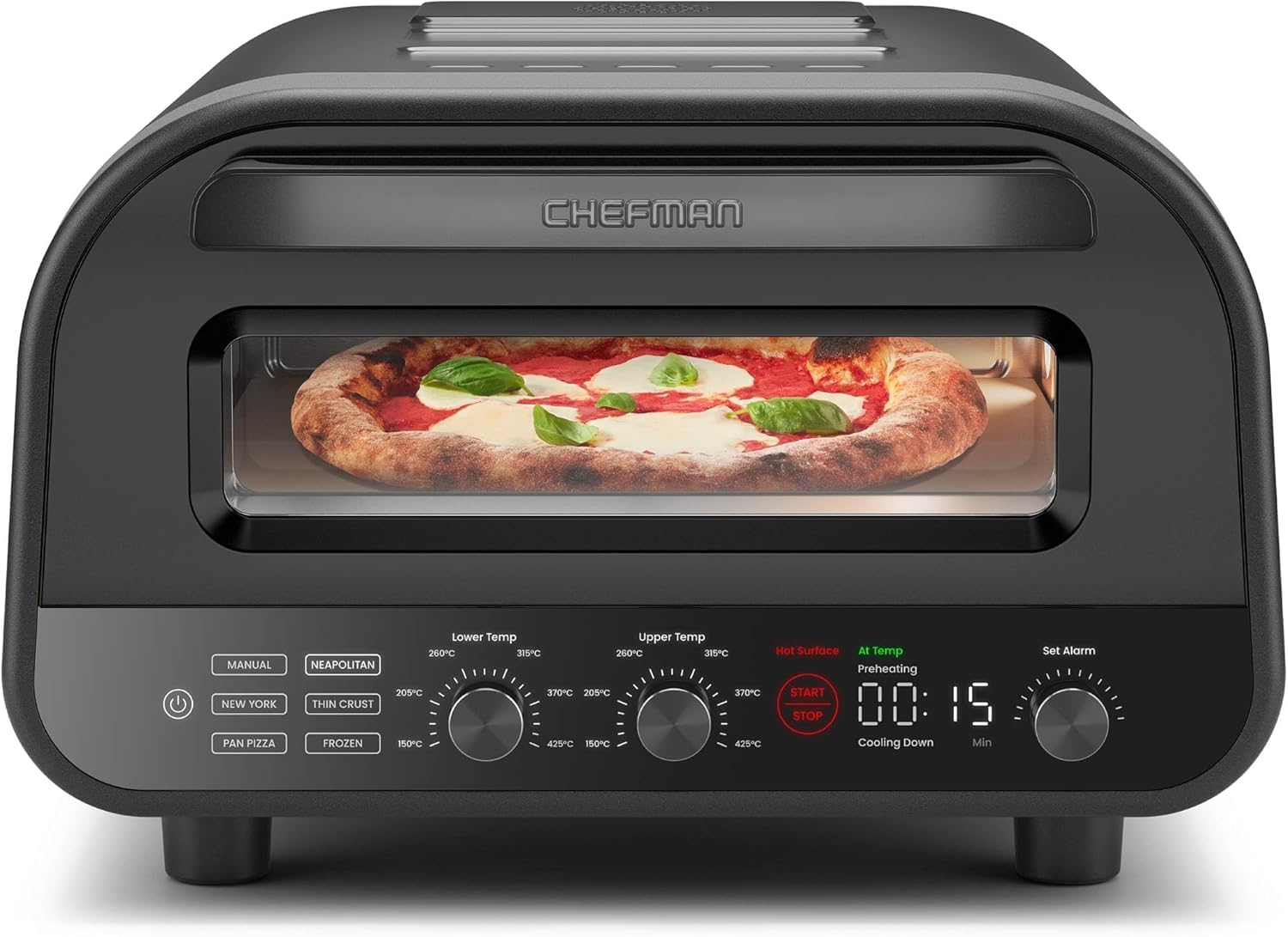 CHEFMAN Forno per pizza elettrico per interni ed esterni, forno per pizza portatile da 30 cm per napoletani, newyorkesi, corteccia fine e padella, pietra per pizza e disco pelapatate, colore nero