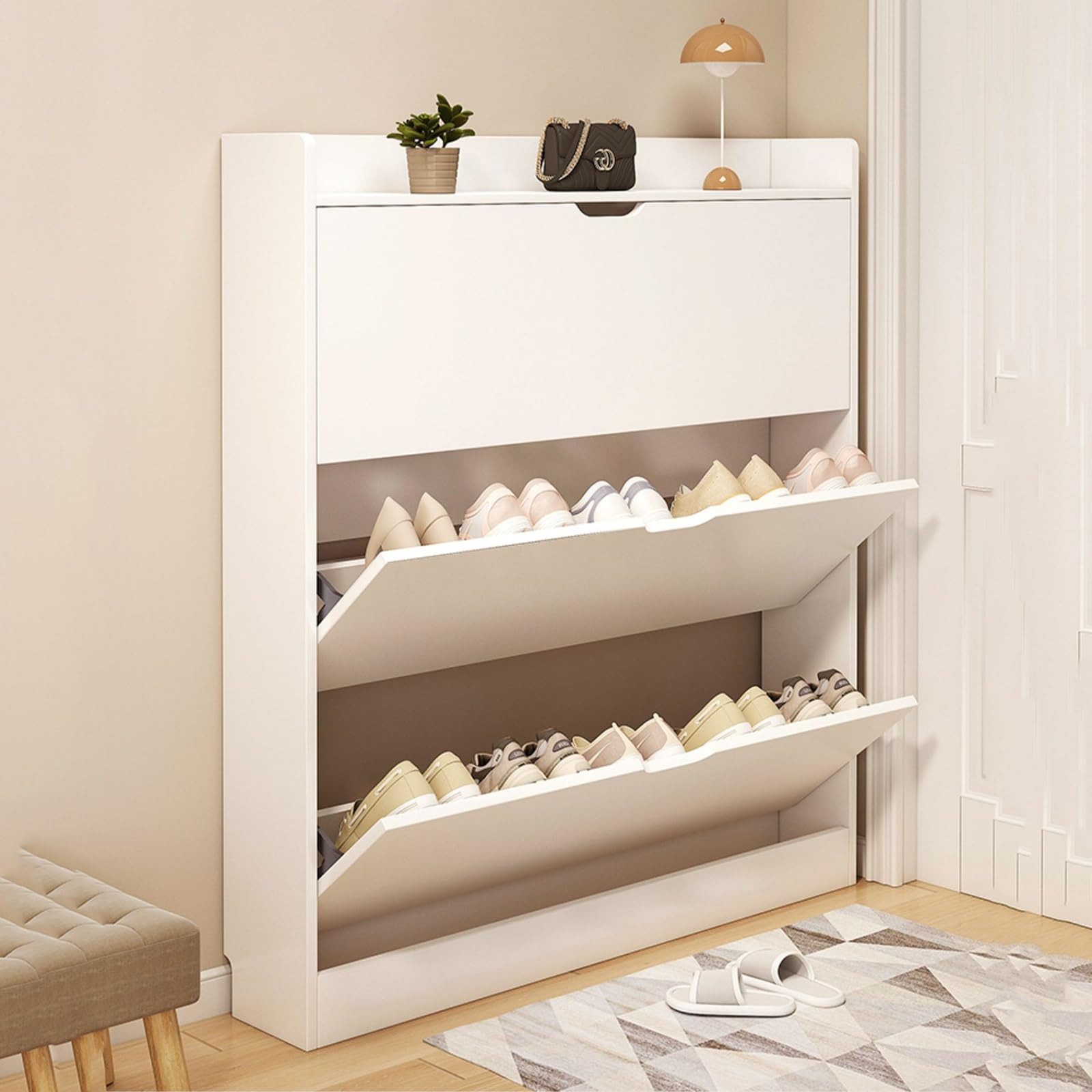 Smukła biała szafka na buty z klapami regulowany stojak na buty konstrukcja zapobiegająca przewróceniu się do przedpokoju i przedpokoju 100 x 17 x 120 cm stylowe obuwie