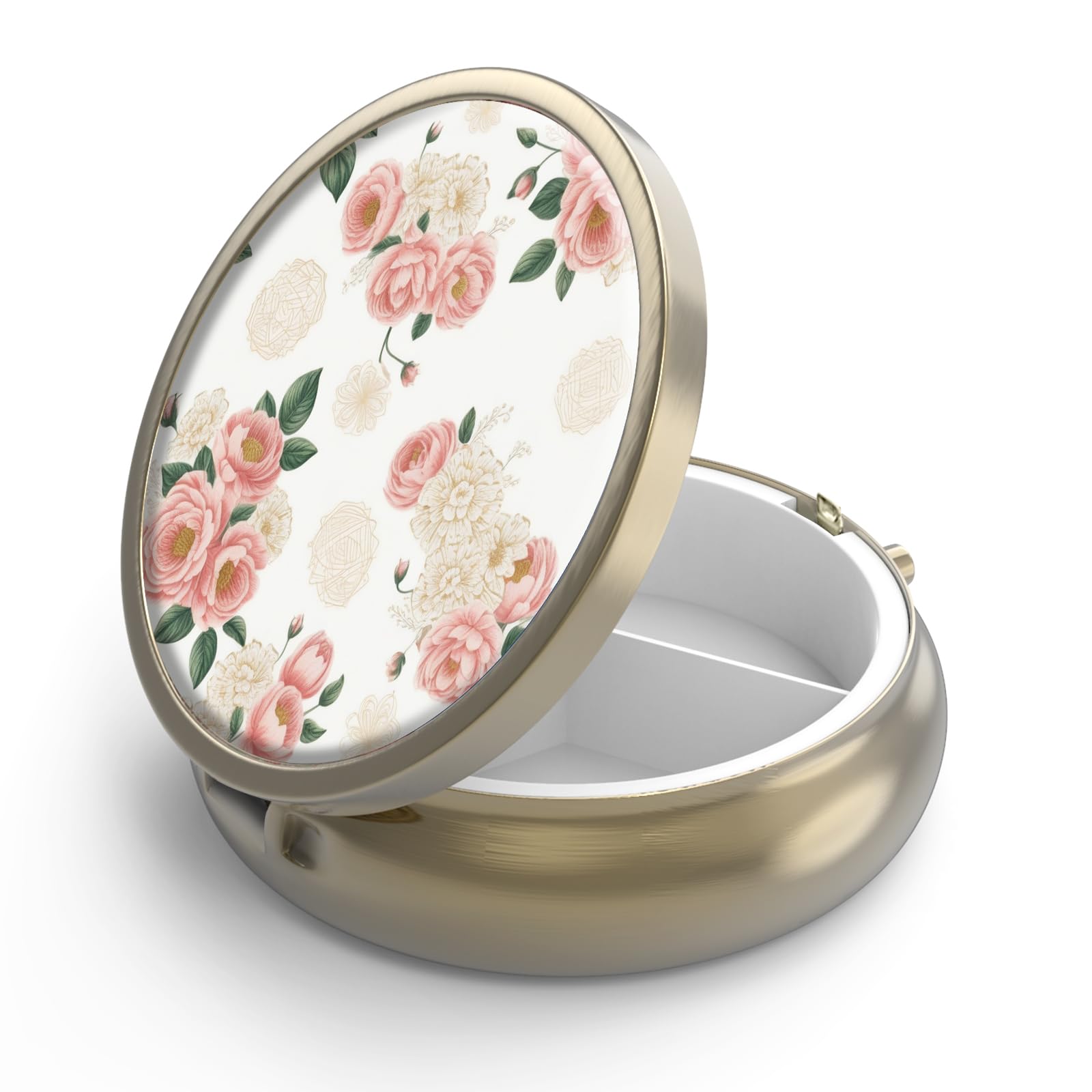 Pill Case Pill Box with Mirror Retro 3 Compartment Small Pill Case for Purse or Pocket Bronze Small Roud Pill Box or Vitamins, Fish Oil, Supplements, Pill Containe Travel Gifts（Retro Pink Floral）