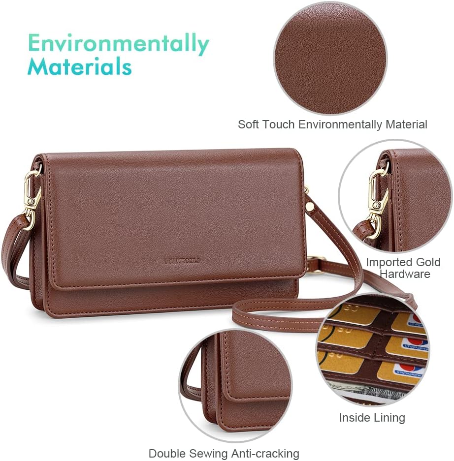 nuoku Women Small Crossbody Bag Cellphone Purse Wallet with RFID Card Slots 2 Straps Wristlet, B- Coffee - Image 5