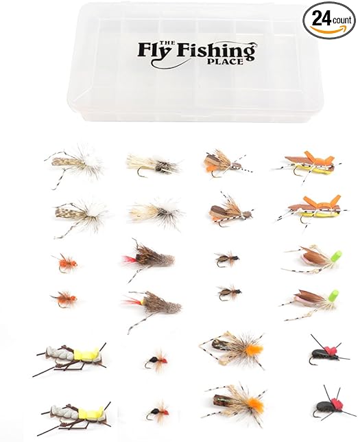 The Fly Fishing Place Trout Fly Assortment - Essential Terrestrials Fly Fishing Flies Collection - Includes Foam Hoppers, Ants, Beetles, and Cicadas - 2 Dozen Trout Flies with Fly Box