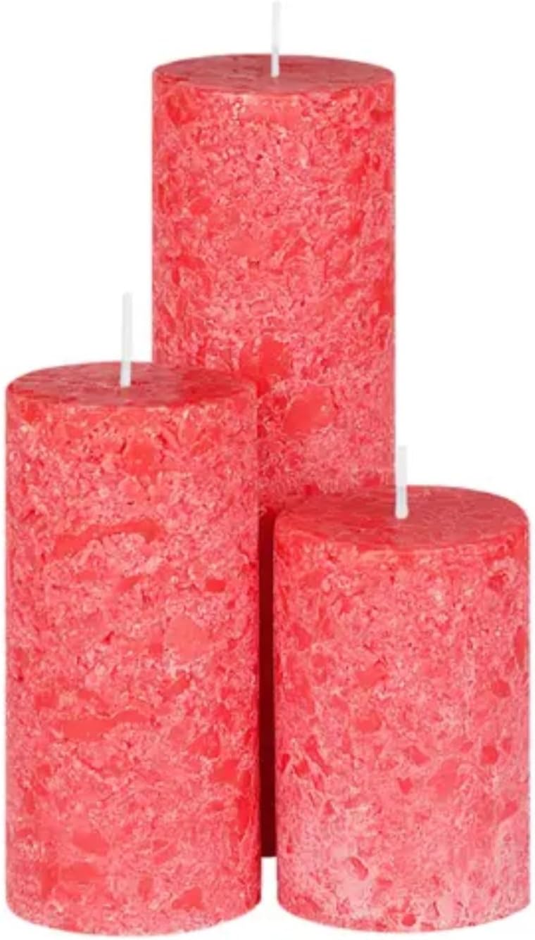 Decorative Pillar Candles, Red, Set of 3, Textured Finish