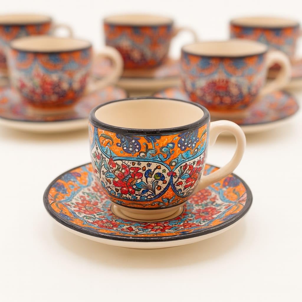 Komplettes Set mit 6 Espressotassen und Untertassen aus türkischer Keramik verziert - Raffiniertes ethnisches Handwerk 1308241204 Marokko Tunesien Ethnisch der Welt