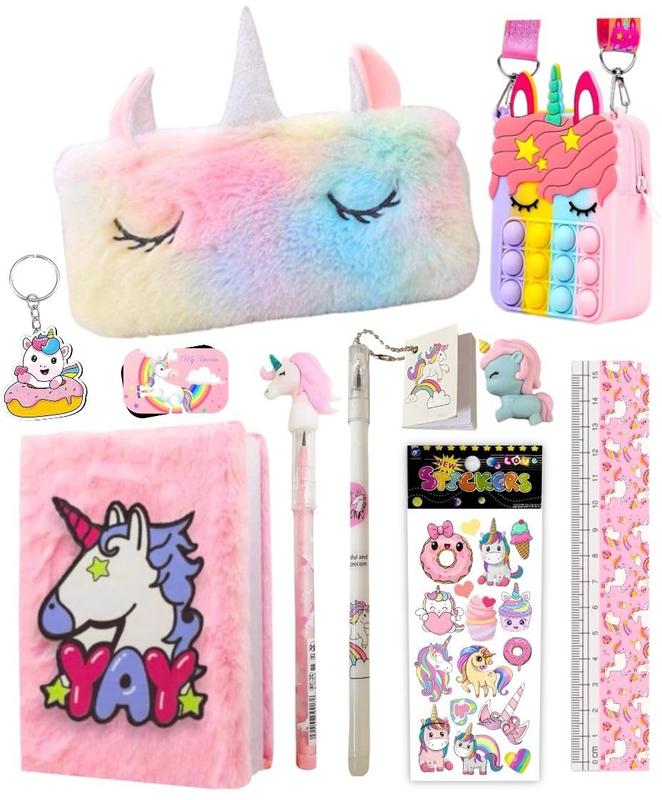 TOOYEP Unicorn Stationery Set 10 Item Combo Includes Small Fur Diary Pink, Feather Pouch, Pop It Sling Bag, Pen Pencil,Eraser,Keyring & Scale (Small Diary Combo) (B0D3KQW52P) Amazon Price History, Amazon Price Tracker