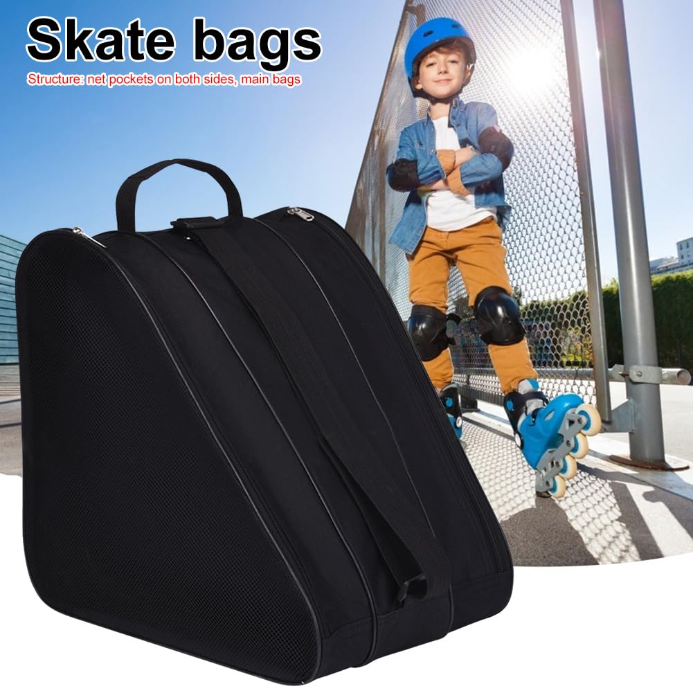 Skate Bag Schlittschuh Tasche mit Henkeln, Eishockey-Bag mit Reißverschluss & Fächern Verstellbarem Trageriemen Aufbewahrungstasche für Eislaufschuhe mit Netztaschen (Schwarz)
