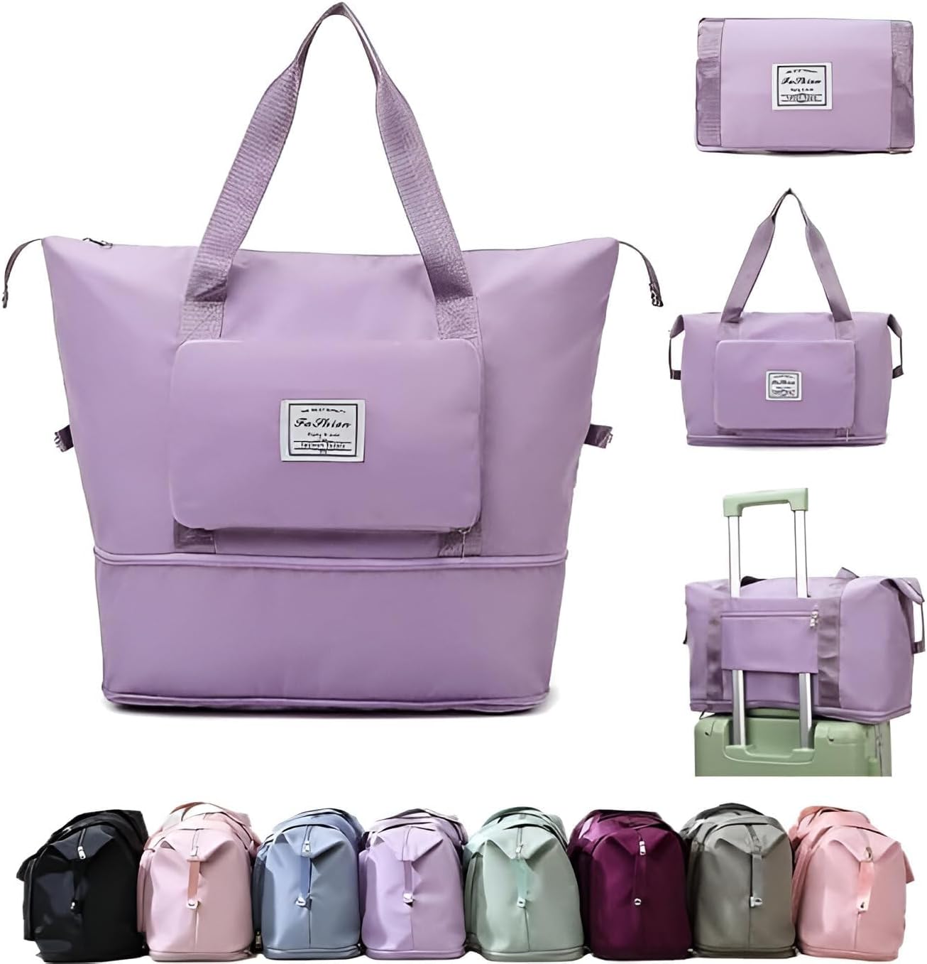 GRRITY Foldable Large Capacity Travel Duffel Bag Expandable 41 Liter Weekender Carry On Bag with Trolley Sleeve & Wet Pocket Lightweight Water Resistant Unisex Bag(Violet)
