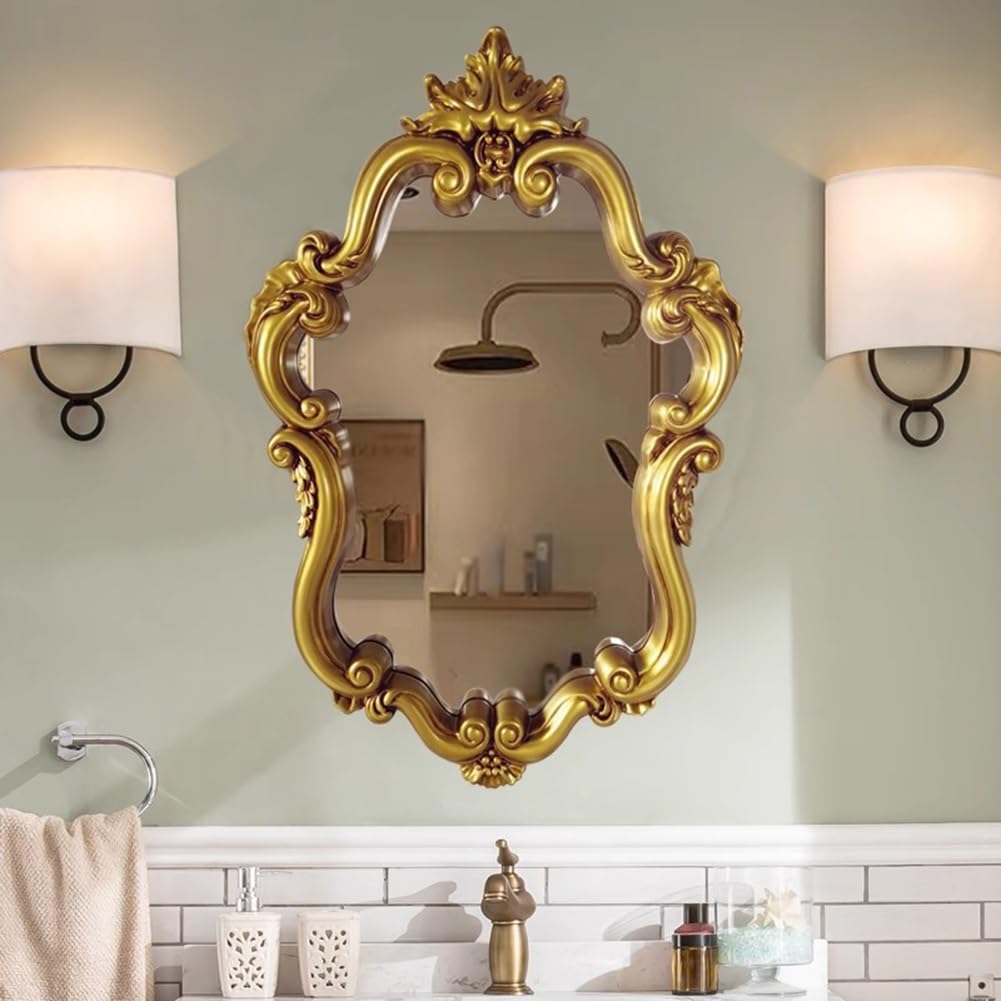 Barokowe Francuskie Zabytkowe Dekoracyjne Lustro Ścienne, Duże Nieregularne Lustro Łazienkowe do Slaapkamer Woonkamer Dressoir(Gold)