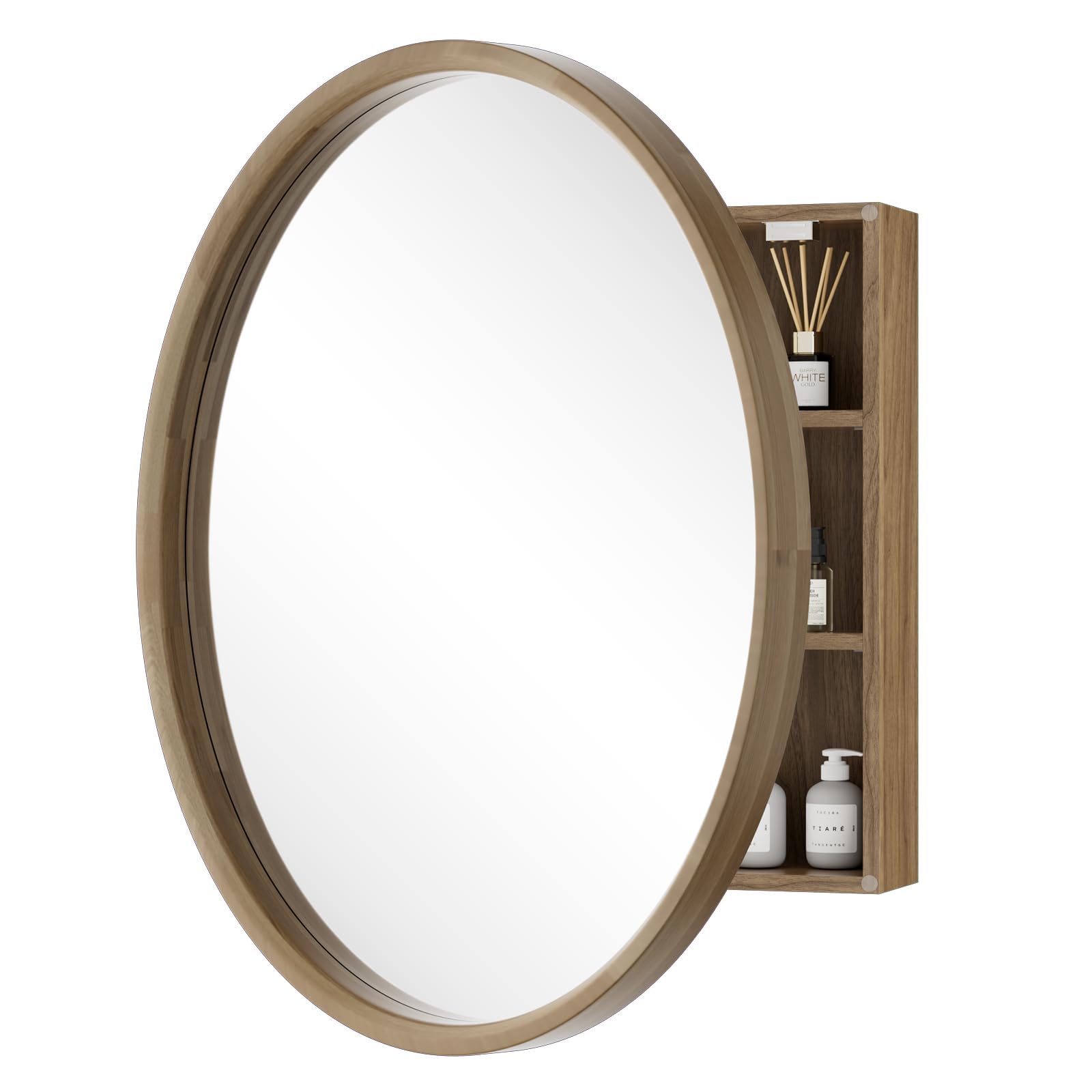 wallbeyond bathroom medicine cabinet with mirror, 24 inch round mirror medicine cabinet wall mounted with wood framed, single door surface mount cabinet with storage