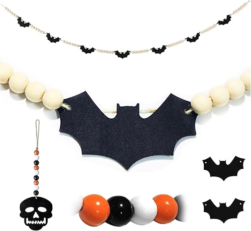 Guirnaldas de Halloween, 2 guirnaldas bohemias de decoración de Halloween, pancarta de madera de murciélagos de fieltro de Halloween y bonita