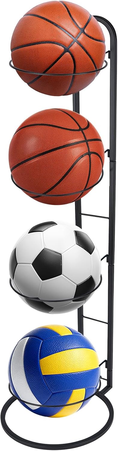 New Ball Storage Rack，4 Tier Cube Ball Storage Holder，Basketball Football Holder Carbon Steel Heavy Duty Basketball Stand Painted Nail-Free Multi-Purpose Vertical Ball Rack
