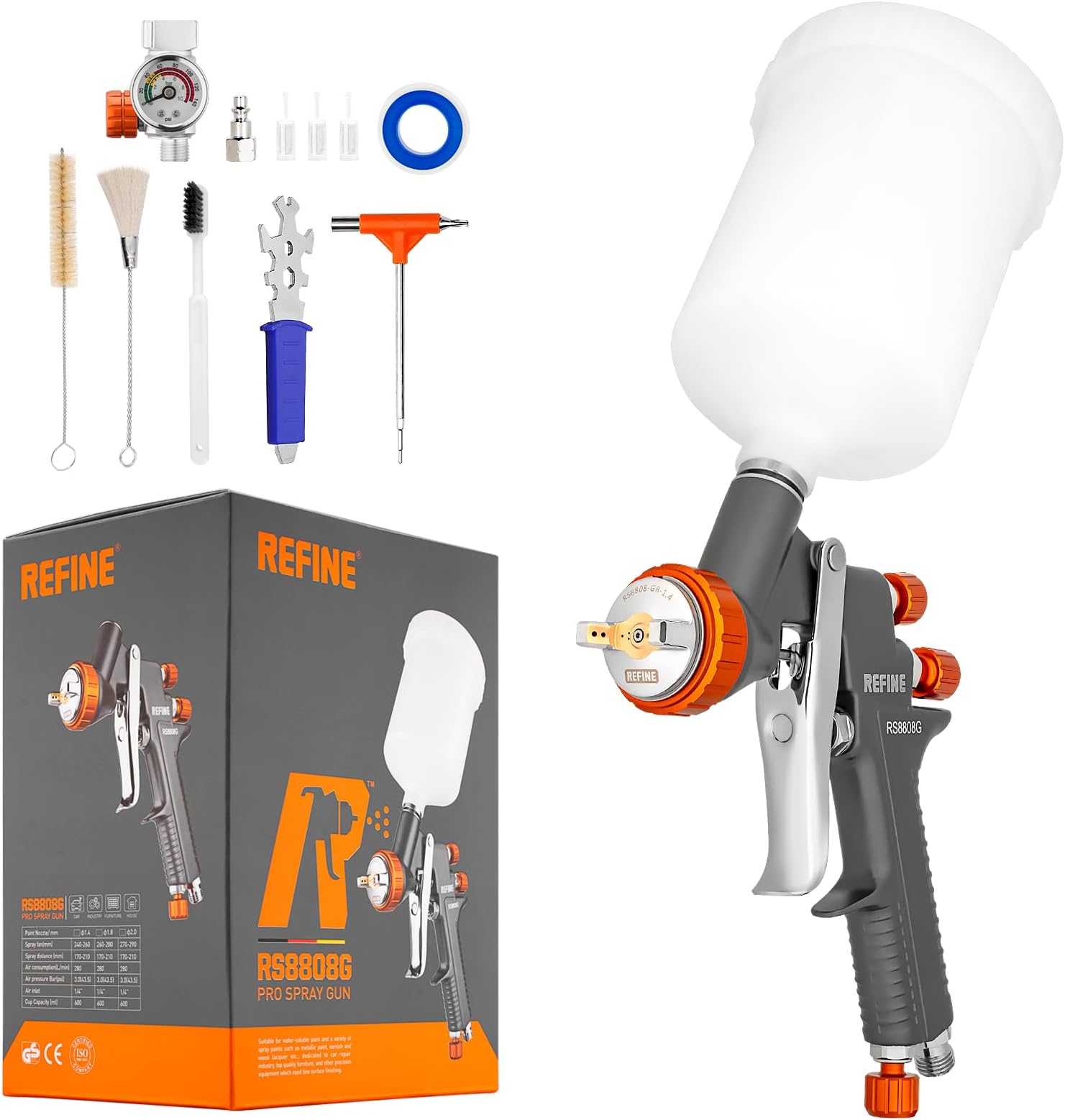 REFINE Air Spray Gun, Auto Paint Gun with 1.4mm Nozzle, Easy to Use Gravity Feed Paint Spray Gun, Professional Auto Body Paint Sprayer for Cars, House, Furniture Painting with Air Pressure Gauge