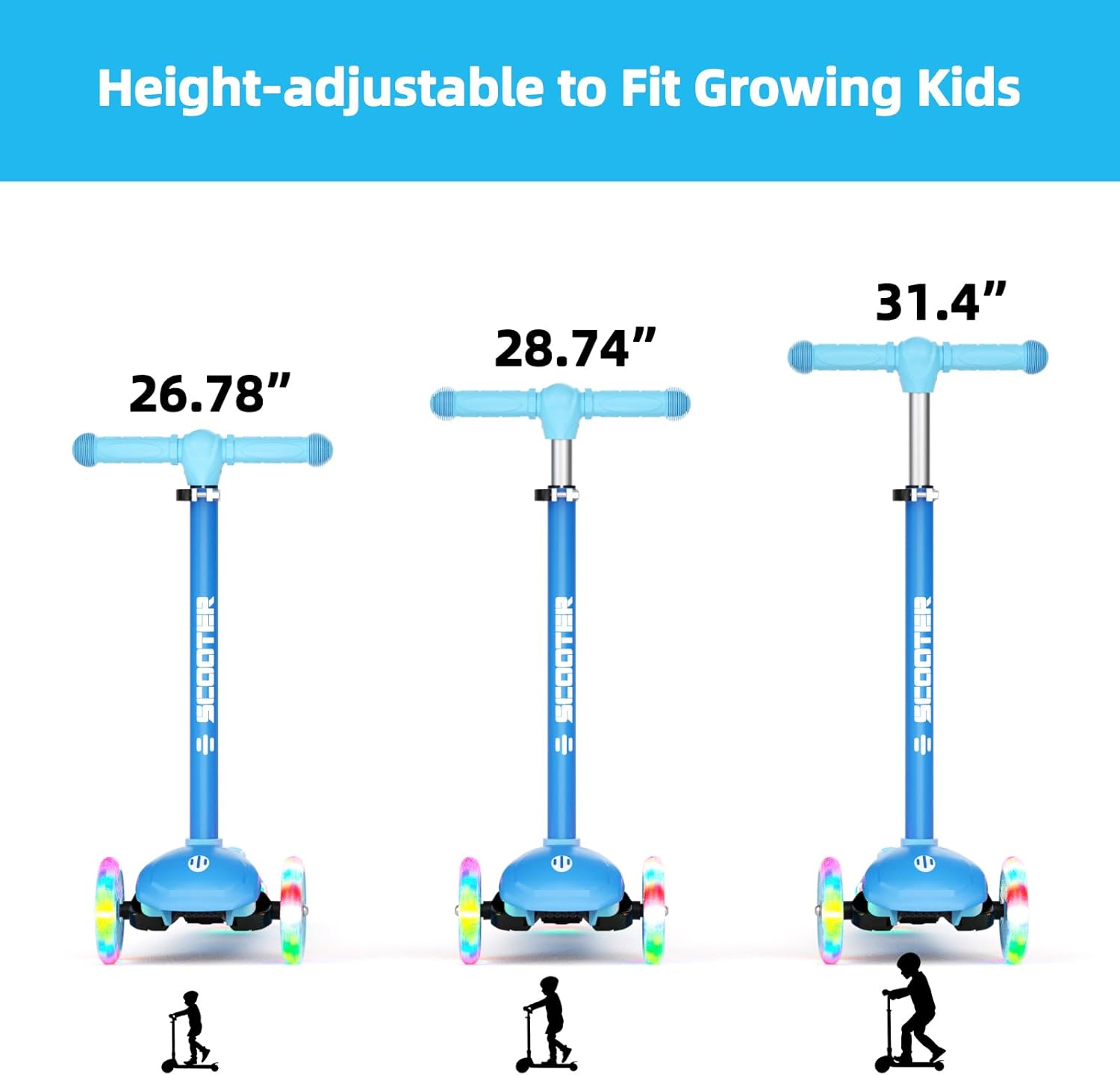 KORIMEFA Scooter for Kids Ages 3-8 with Light-Up Wheels & Deck, 3-Wheel Toddler Scooter with Adjustable Height, Anti-Slip Deck, Lean-to-Steer