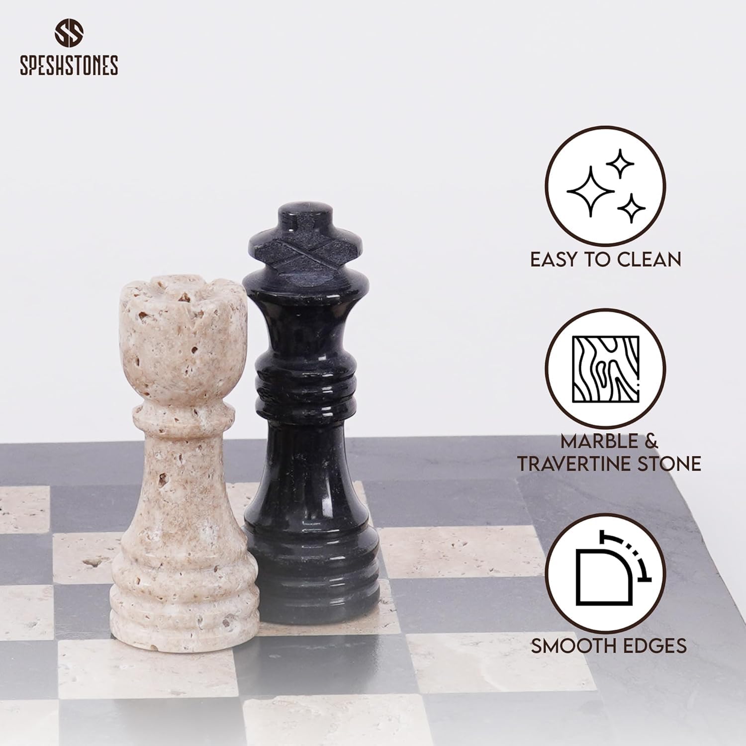 SPESHSTONES Scacchiera in marmo per adulti, 30,5 cm, realizzata a mano in nero e travertino, con scatola portaoggetti, ideale per i viaggi, con 32 pezzi e 2 regine extra