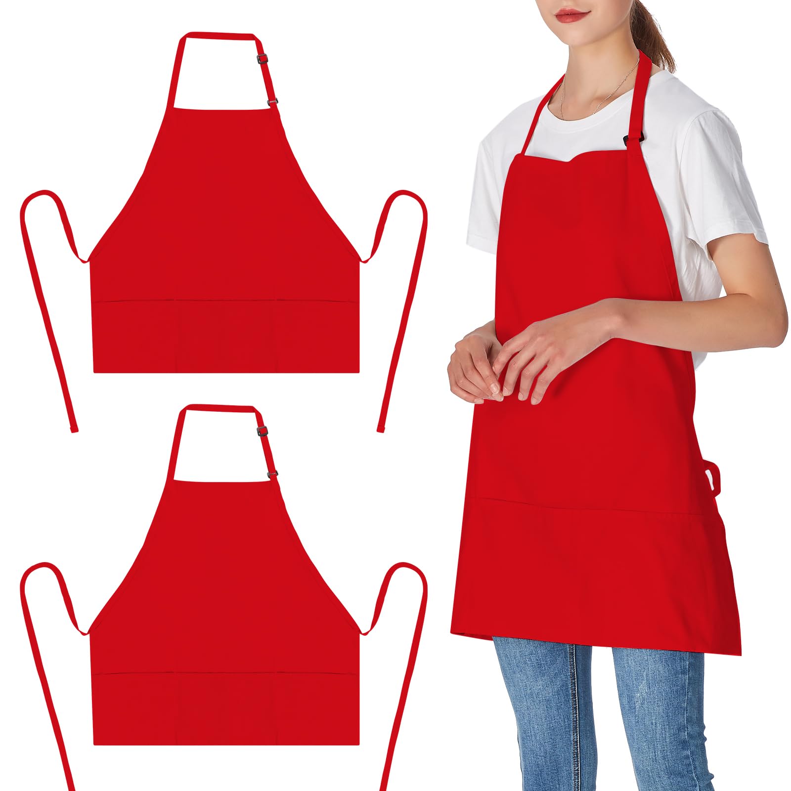 Jubatus 2 Pack 3 Pockets 100% Cotton Adjustable Bib Apron Chef Kitchen Cooking Aprons for Women Men, Red