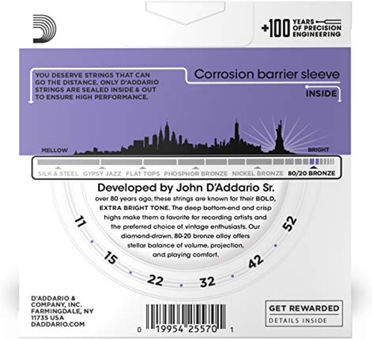 D'Addario Acoustic Guitar Strings, 80/20 Bronze, EJ13-3D, Custom Light Gauge 11-52, 6-String Set, Pack of 3