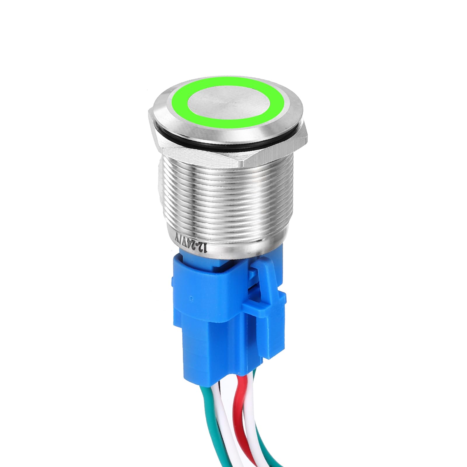 DMiotech 7/8 Inch Stainless Steel Momentary Push Button Switch Flat Head 5A 12-24V Silver Shell 5 Pin with Cable Socket Green Ring LED 1NO1NC for Car Boat Systems Custom Setups