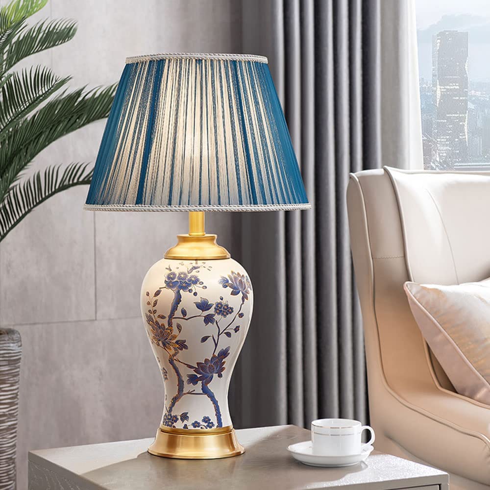 Lampada Tavolo Lampada da Tavolo in Ceramica Comodino in Metallo Porcellana Blu e Bianca per Soggiorno, Camera Letto, Ufficio, casa per Home | Remote Control Switch
