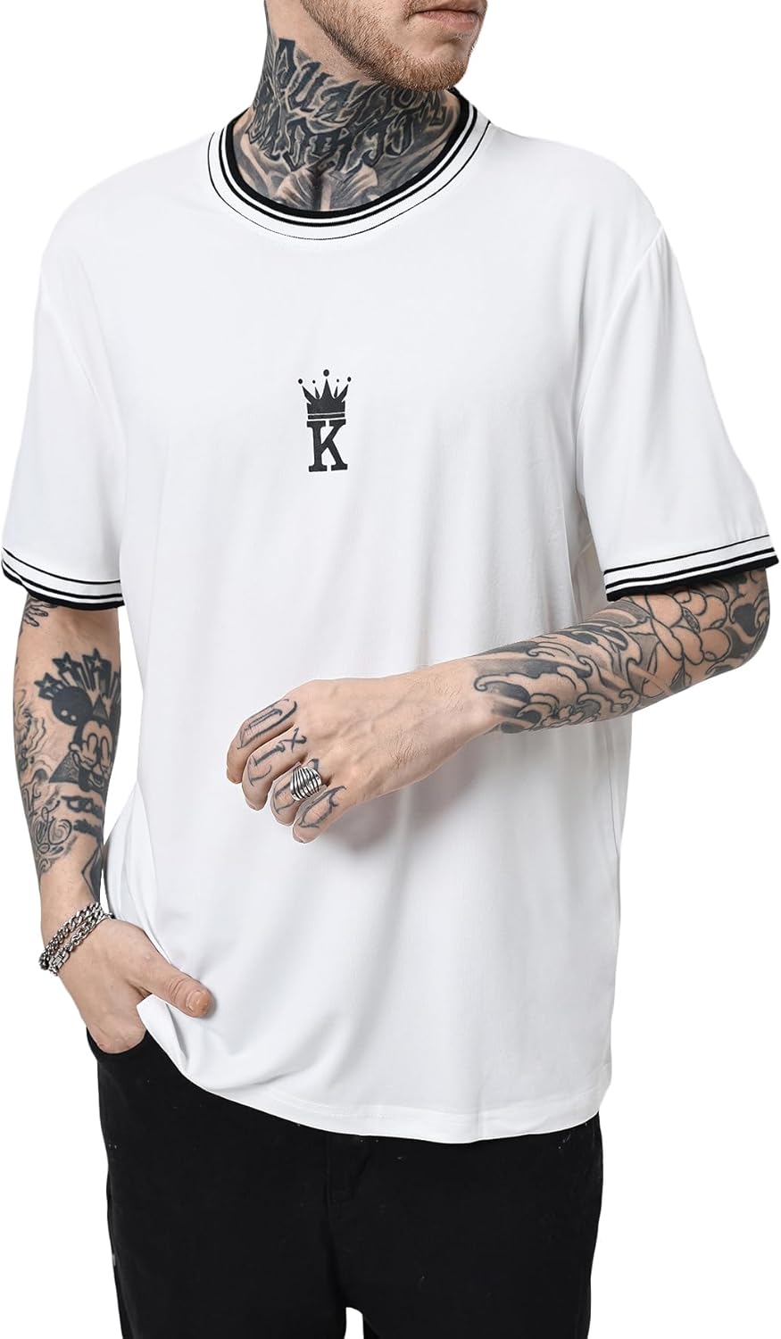 SOLY HUX Men's Crown Letter Print Striped Trim Tee Tops Short Sleeve Crew Neck Summer T Shirt - Image 4
