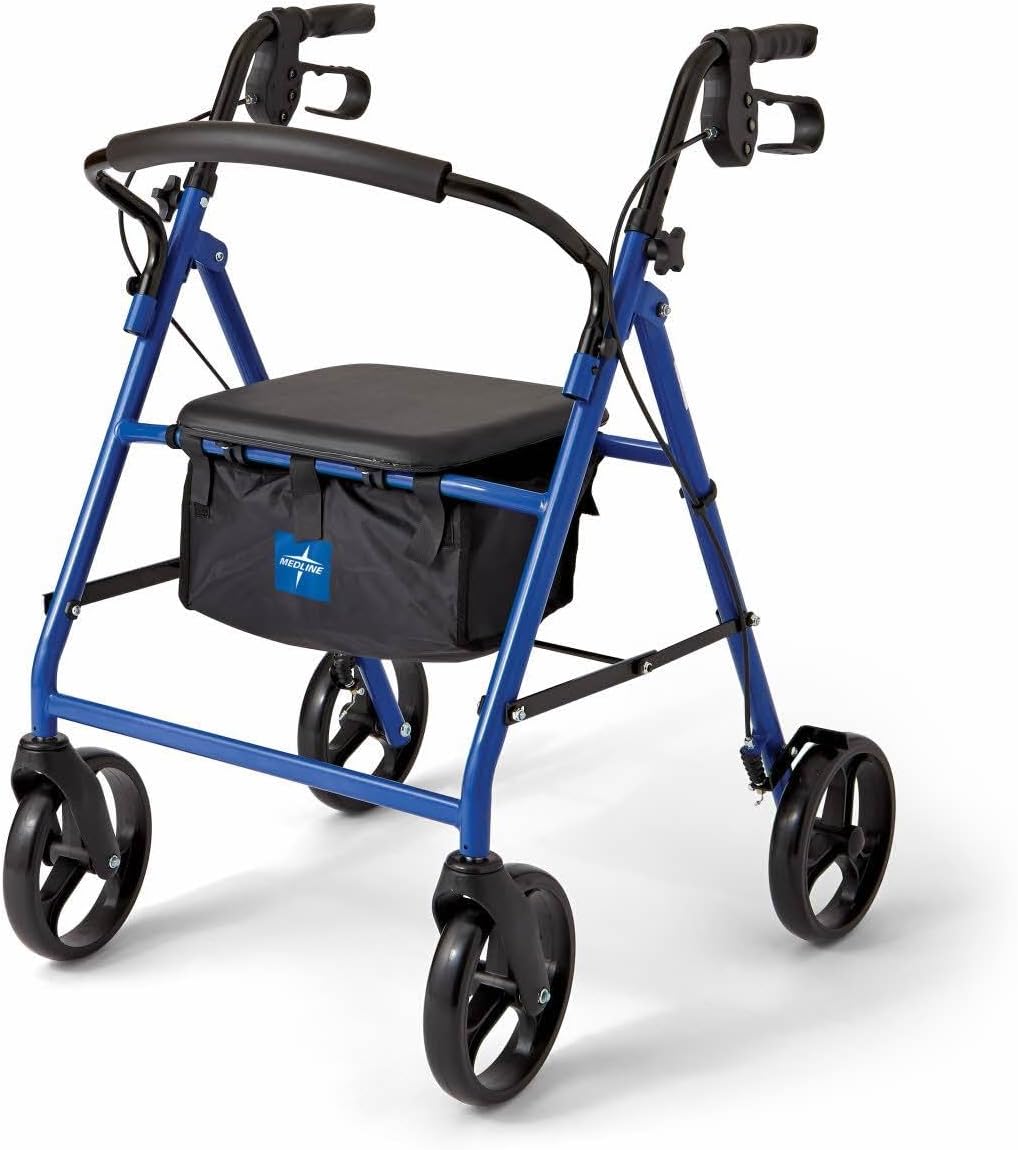 Medline Steel Rollator Walker for Adult Mobility Impairment, Blue, 350 lb. Weight Capacity, 8” Wheels, Foldable, Adjustable Handles, Rolling Walker for Seniors