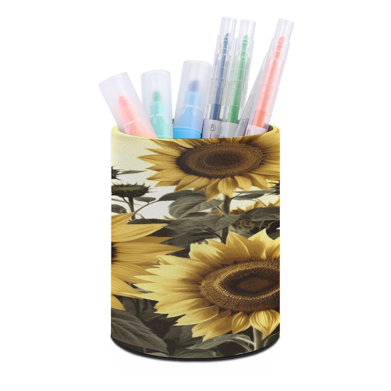 VstaDank - Yellow Sunflower Round Pen Holder Floral Pencil Holder PU Leather Desk Organizer Desk Office Home Decor