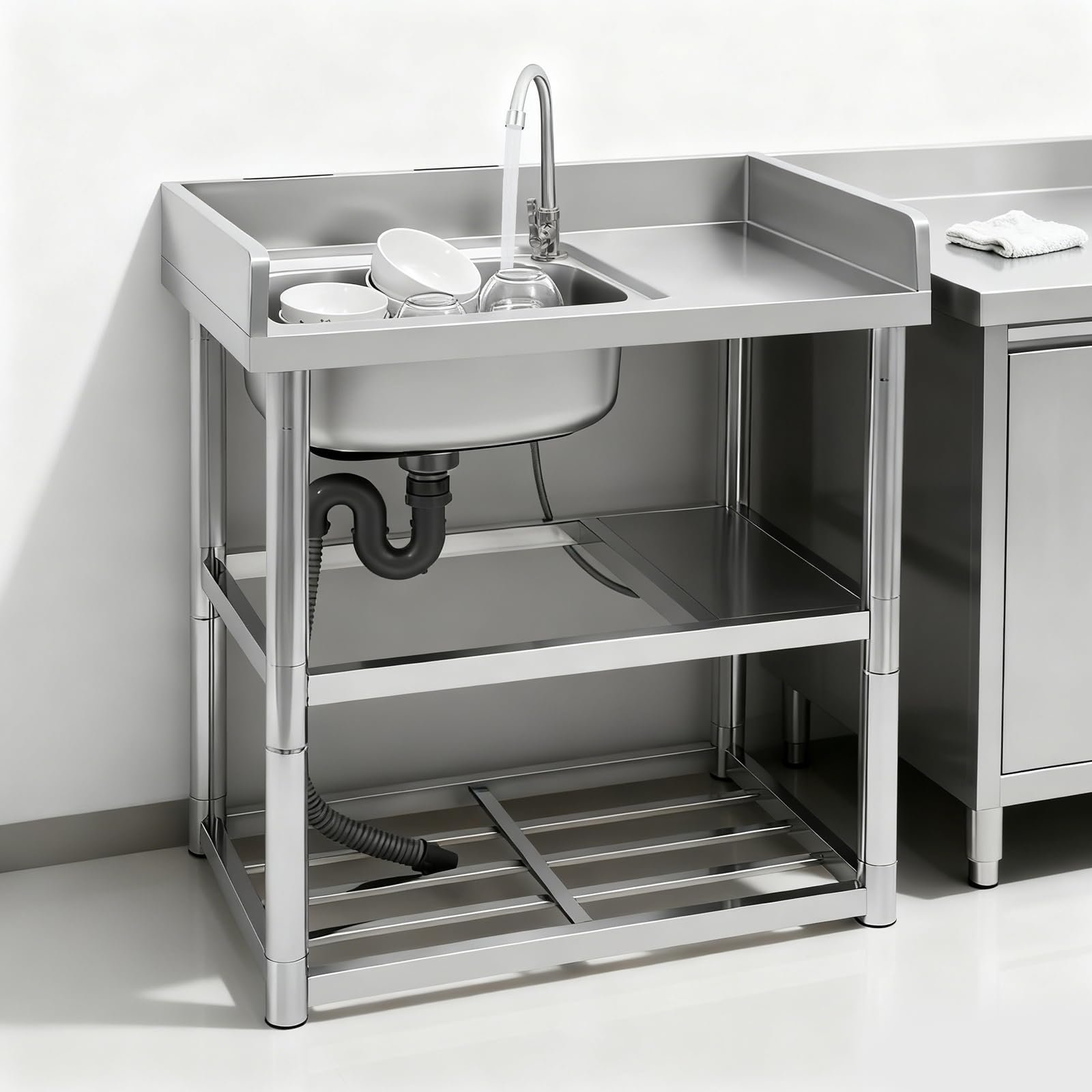 80 x 50 cm Évier Inox Autoportant 1 Bac Évier De Jardin Extérieur Lavabo Multifonctionnel Commercial Utilitaire,Évier de cuisine en acier inoxydable avec robinet rotatif à 360°,80cm de haut