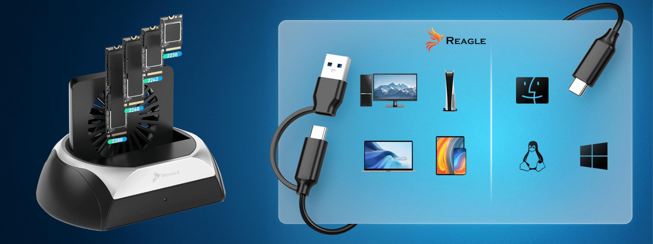 Reagle Docking Station Compatibil cu HDD şi SSD SATA 2,5" Wiosa 3,5" NVMe M.2 2230 2242 2260 2280 adapter obudowy USB 22 TB kompatybilny z Windows MacOS Linux
