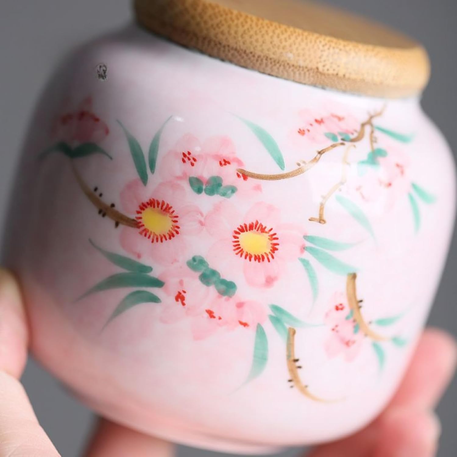 Hand-drawn Peach Blossom Ceramics Tea Canister, 50ml 1.7oz, Sealed Jar Household Storage Tank